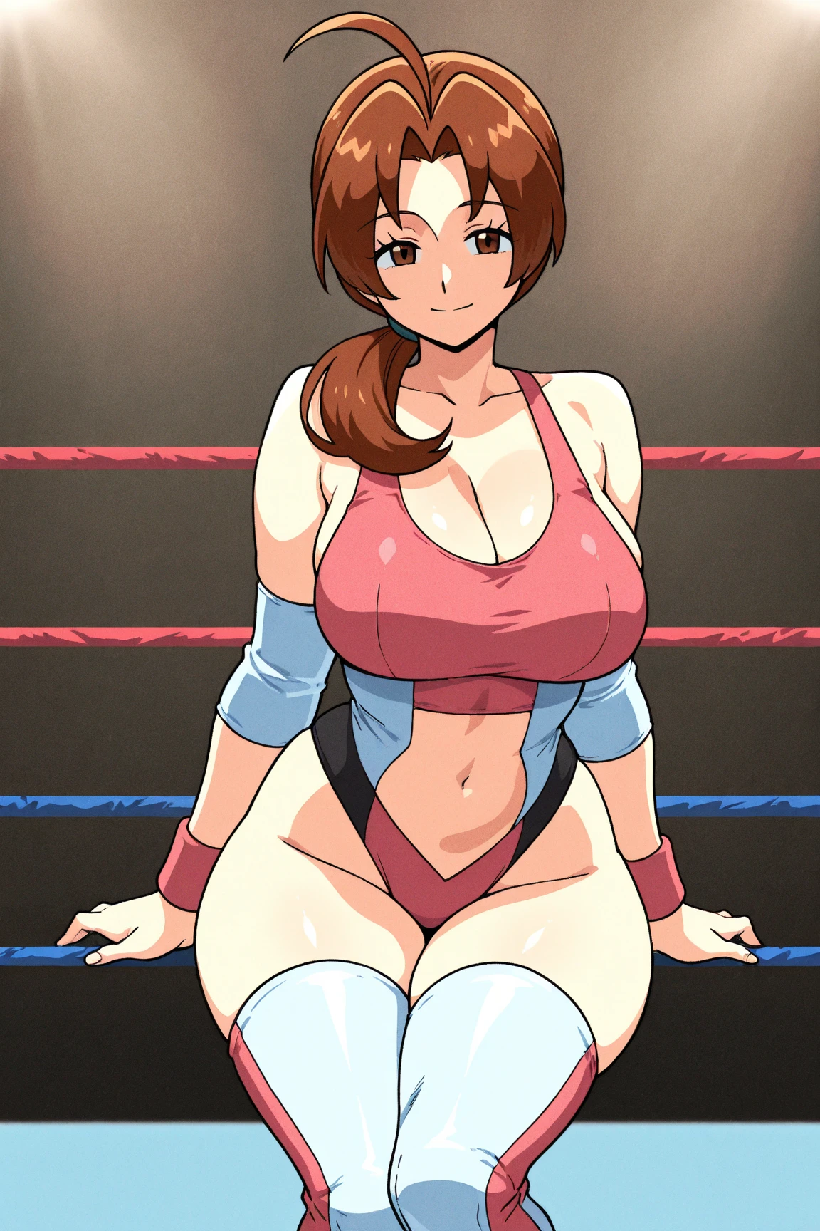 full body photographed、(highly detailed:1.2) ,masterpiece、monokini,top-quality,hight resolution、Dark hair、Big eyes、white sporty boots、Sweaty skin、Professional wrestling venues、professional wrestling、((On the ring of professional wrestling:1.3))、50year old ,Mature woman, ((standing:1.2),topless,nipples,japanese woman,mom