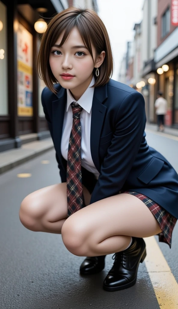 In 8K,Highest quality,The real picture,Intricate details,Ultra-high resolution,Depth Field,Masseter muscle area,Natural soft light,Professional Lighting,One Girl,(cute:1.2),Very beautiful 17 year old girl,Detailed eyes,((Brown eyes)),(Brown Hair),(Short-haired),(Bans),Perfect Skin,Glowing Skin,White skin,Fine skin,Big ample breasts,((Perfect Anatomy,Nice hands,Perfect hands,Five fingers connected to the palm,Accurate needles without discomfort)),Perfect bare legs,Delicate legs,Perfect Proportions,Sexy,I can see your chest,((Japan Uniform)),((Uniform Mini Skirt)),(tie),Black socks、Brown leather shoes,Lurking deep in the city,I can see your crotch,Show me your panties in the street,Both legs are bent,Legs are spread in an M shape,,I can see your pants,Slender thighs when viewed from the front、Squat
