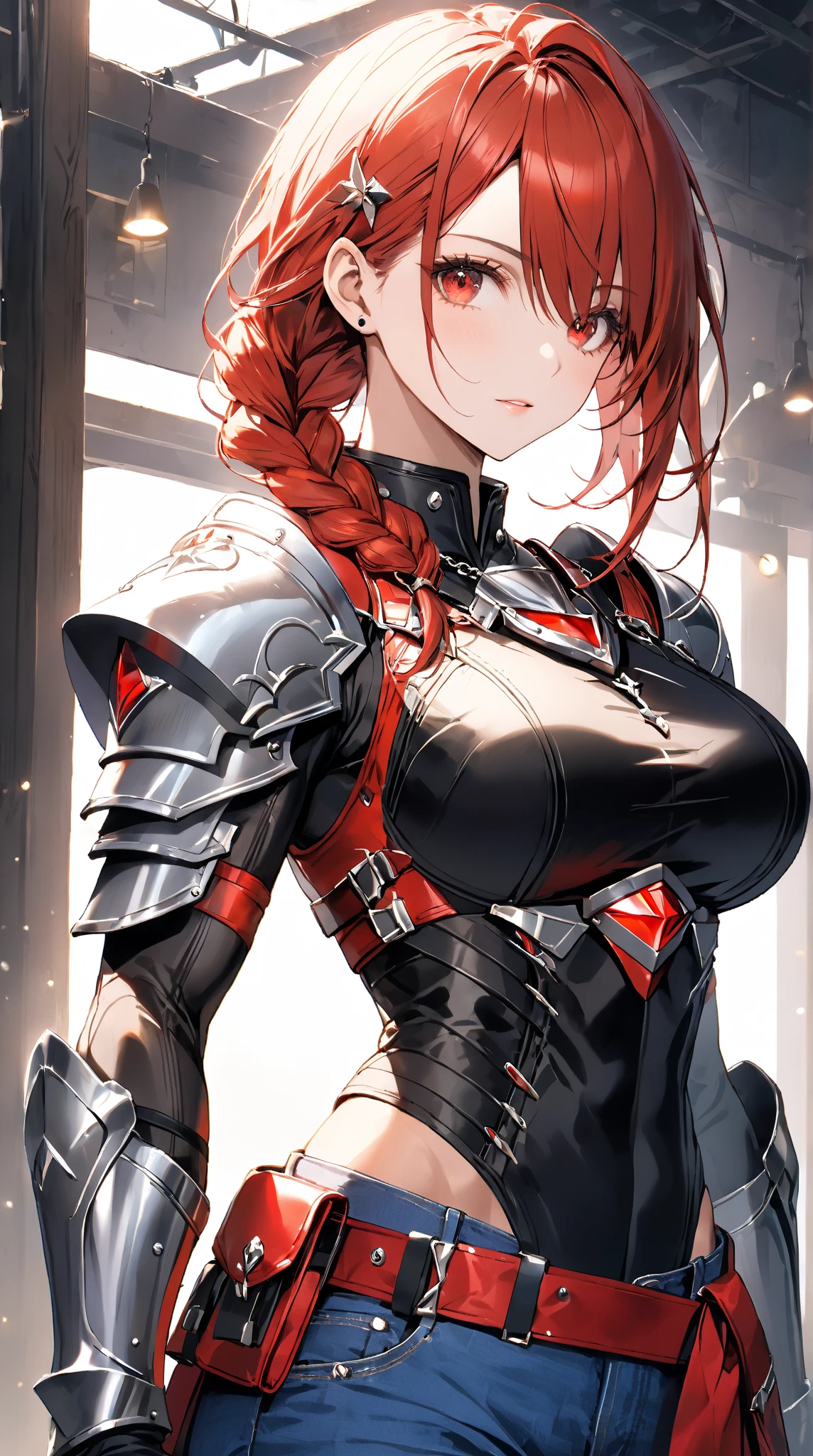 (masterpiece),(best quality),(ultra-detailed),(best illustration),(best shadow),(absurdres),(detailed background),(very aesthetic), knight, long hair, red hair, ((Ponytail)), yellow eyes, perfect face, black armor,, ((exposed arm)), red_ornaments, red_tabard, thong, belt, ((big tits)), exposed belly, smiling, 1girl, strikes, Perfect face, thick thighs, ,add_detail:1, add_detail:0, add_detail:0.5,
