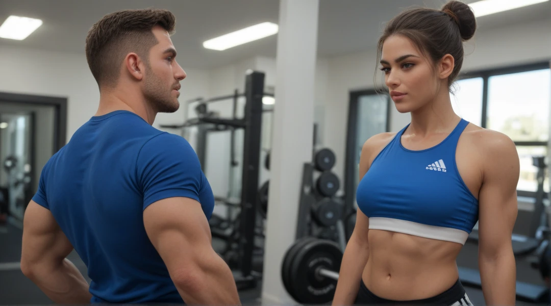 medium:illustration,realistic portrait,gymnasium workout,dynamic poses,energetic,happy couple,sports attire,athletic bodies,young man and woman,fit and healthy,music theme, "Eye of the Tiger",survivor band,exercise equipment,treadmill,dumbbells,exercise mat,fitness motivation,determination,powerful muscles,strong core,active lifestyle,professional lighting,high resolution artwork,vibrant colors,sharp focus