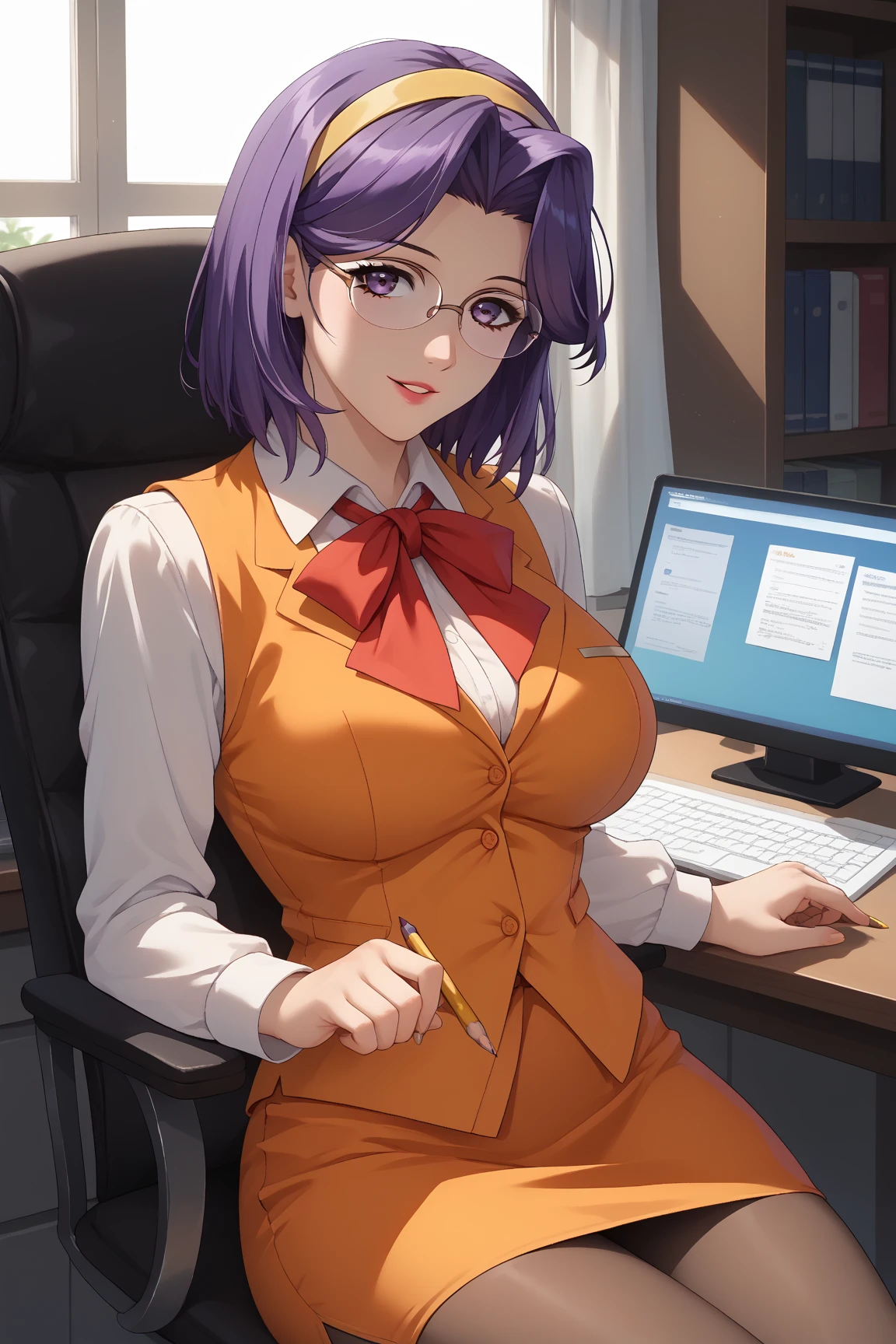 Purple shorthair Glasses shiny purple satin blouse black tight skirt stockings (Strap ID Card) 50 years old レッドルージュPlumpとした唇 round face Plump (eye contact) Office in a high-rise building sitting at the computer desk and looking back. sunset A talented female secretary who gives advice