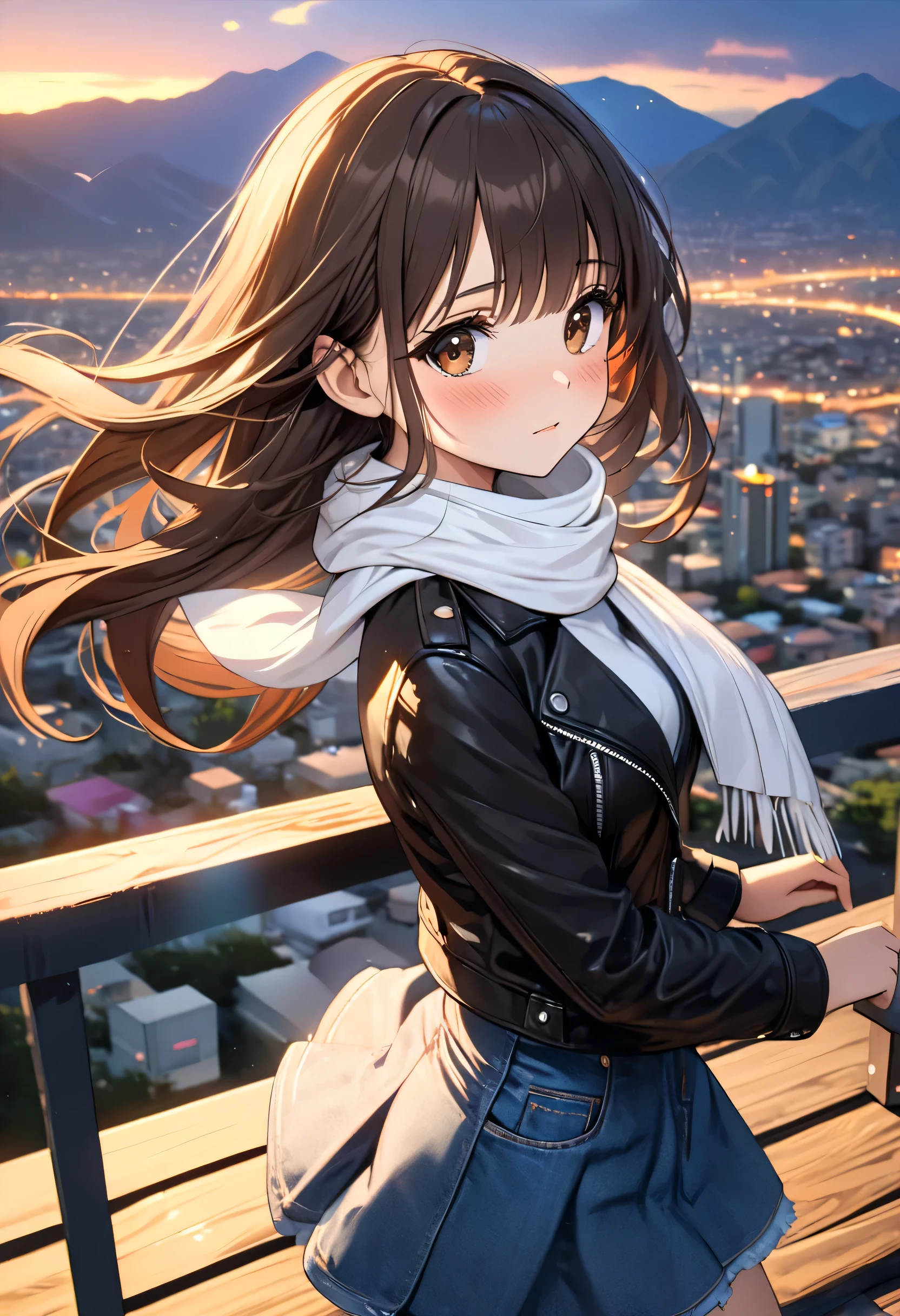 (((Masterpiece, better quality, high resolution, UHD, perfect pixels, depth of field, 4k, RTX, hdr))), 1 girl, single, full body, alone,  beautiful anime girl ,  half body, beautiful artistic style, anime character breasts, ((serene expression, childish gaze, beautiful face), (long hair loose up to the back undulating in the wind, bangs, dark brown hair)), (brown eyes: 1.4,  not-so-rounded eyes , beautiful eyelashes,), (Detailed face, blush: 1.2), (smooth texture: 0.75, realistic texture: 0.65, photorealistic: 1.1, anime cg style), perfect body, medium breasts, foreground, (she is standing and almost on her back and in front of her a perimeter rail , her hands touch the railing while she turns to the camera, overlooking a viewpoint where you can see distant buildings in the western part of the city of Monterrey Mexico, If you look at the sunset it's almost nighttime, the girl is in a very high part), (wears a denim minskirt made of planks that ripples with the wind, white stockings above the knees,  black leather jacket ,  white scarf  ) It's cold and cloudy since it's winter, (takes almost from the close profile of the gray metal railing that is in front of the girl, her hands touch the railing, turns towards the spectator who is almost on one side of it