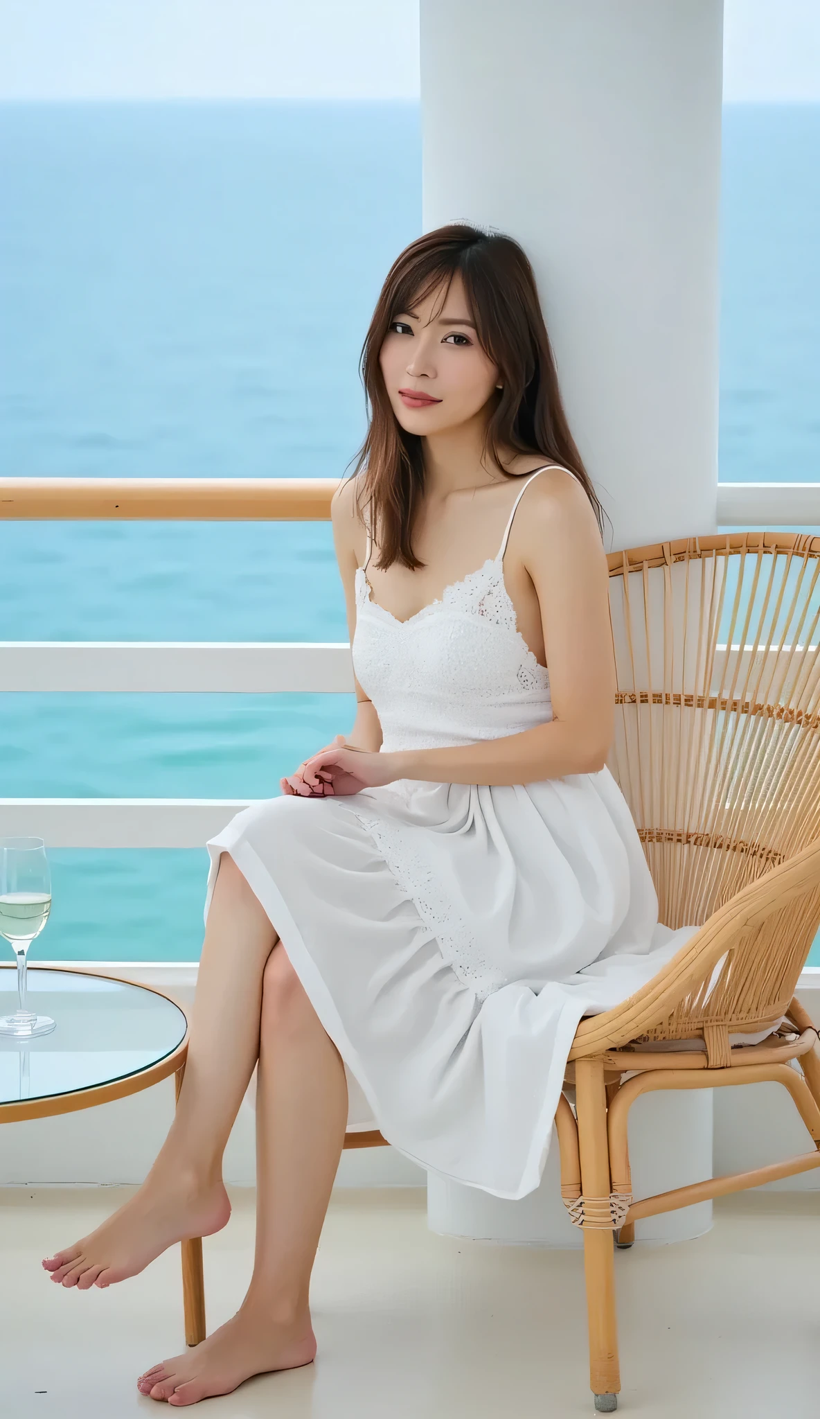 NSFW, 1woman, beautiful young woman, sitting on a rattan chair on a seaside balcony, blue sky, clear blue ocean, summer, calm and serene expression, white sleeveless dress with eyelet details, barefoot, wine glass on glass table, ocean view in the background, relaxed summer mood, overcast soft lighting, elegant vacation vibe, photorealistic, peaceful, stylish scene,