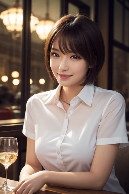 (8K, Highest quality, masterpiece:1.2), (Realistic, photo-Realistic:1.37), Super detailed, 1 Girl, cute, alone, Beautifully detailed skies, Detailed Cafe, night, Sitting, Date, (Red nose), (smile:1.15), (Mouth closed) Small breasts, Beautiful attention to detail, (Collared shirt:1.1), night, Wet, business suit, rain, White lace, (short hair:1.2), Floating Hair NovaFrogStyle, topless,Close-up shot , Medium Shot , Random Shot