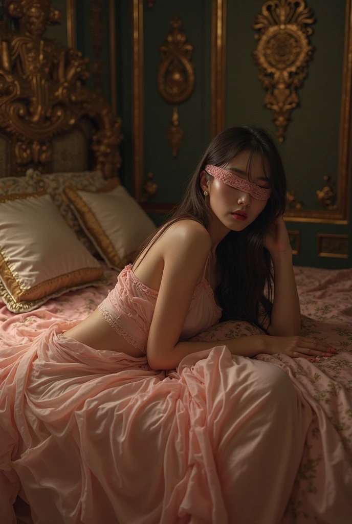 1girl,(bright lighting,romantic setting),dreamy background,,dark hair, mesmerizing gaze, , soft skin, alluring beauty, artistic portrait, high-quality image, vibrant colors,long pink floral sheer gown, mosquito net, romantic bedroom, sidesuspension,solobound,blindfold,gag