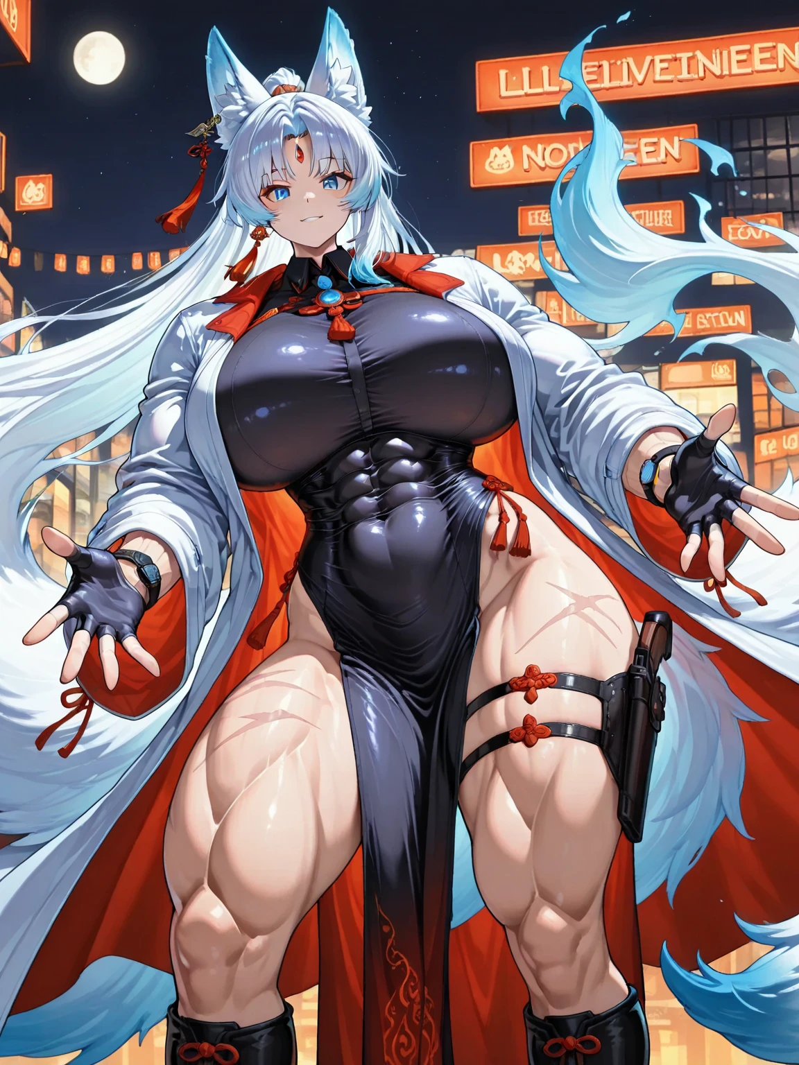 A woman wearing a gray race queen outfit, long silver hair, ponytail hair, exposed thigh, leather heels, walking on the race track sidewalk, blurred background grandstand, red eyes, serious face, big breasts, silver gloves, iron cross necklace, full body, a gray racing car in the background,, bloom, 8k, super detail, ccurate, best quality, UHD, anatomically correct, textured skin, high quality, highres, best quality ( woman solo)