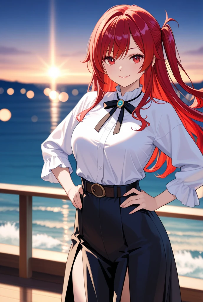 An anime girl with red hair and blue eyes wearing a skirt and an open shirt revealing a black and red bra