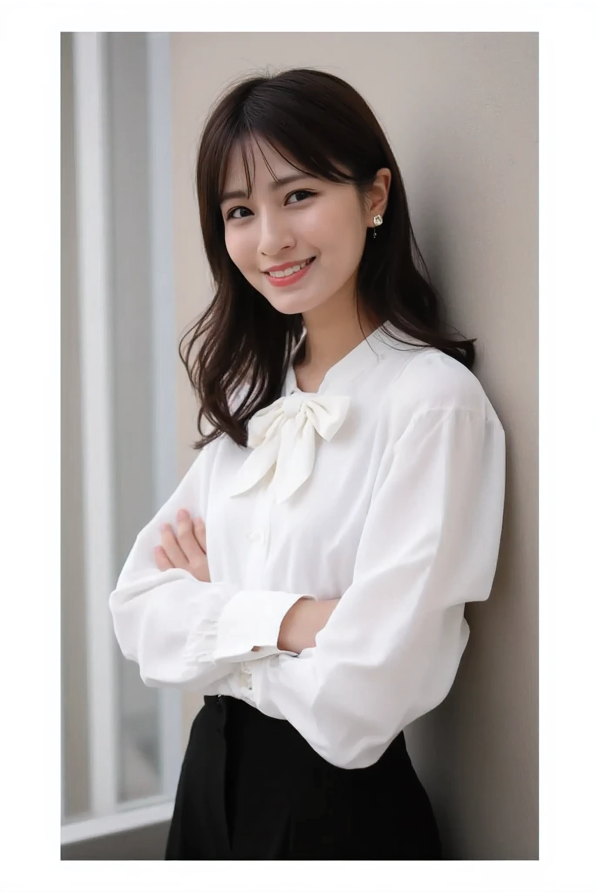(8k, RAW photo, best quality, masterpiece:1.2), (realistic, photo-realistic:1.4),
(extremely detailed 8k wallpaper), masterpiece, photorealistic, natural shading,
27-year-old Japanese woman.
A neat and beautiful woman with light makeup.
Long face, neat eyebrows, light makeup.
Medium-length straight black hair.
A gentle smile.
Slender and delicate body, slim waist.
Long-sleeved white bowtie blouse.
A street corner in an office district, a bust shot from the side, gazing into the camera.