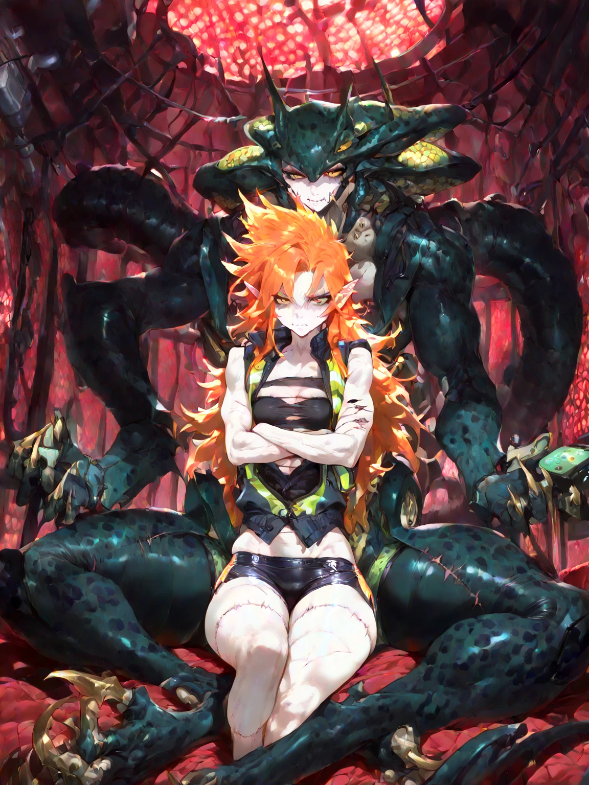 ((Highest quality)), ((masterpiece)), (detailed), (Perfect Face)、The woman is a predator named Tiare, with green eyes, blonde medium-long hair, and a predator suit. She is a complete female predator, happily embracing her fellow male predator in the forest.、the woman is pregnant