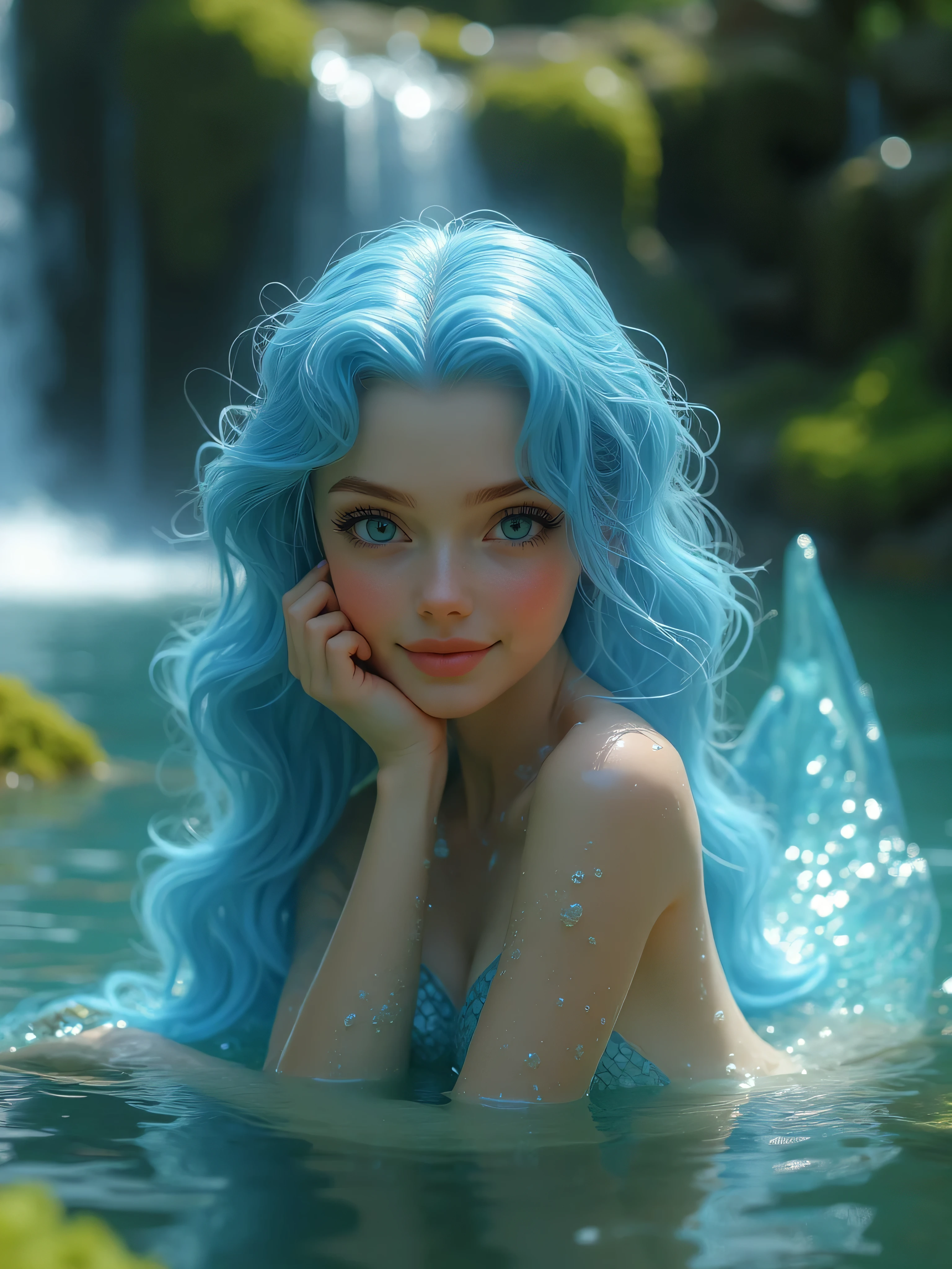 In the foreground is a mermaid woman. Her body is translucent, like water , tinged with blue. Water flows through long blue hair, shoulders . Her eyes are slanted and bright blue. She looks right ahead, , her hand gently supports her narrow little chin. smiles slightly. A mermaid lies in the lake bowl. Behind her back the mermaid's tail is visible, scaled, sparkling in the sun. In the background, multi-stage waterfalls and green moss, that wraps around stones.