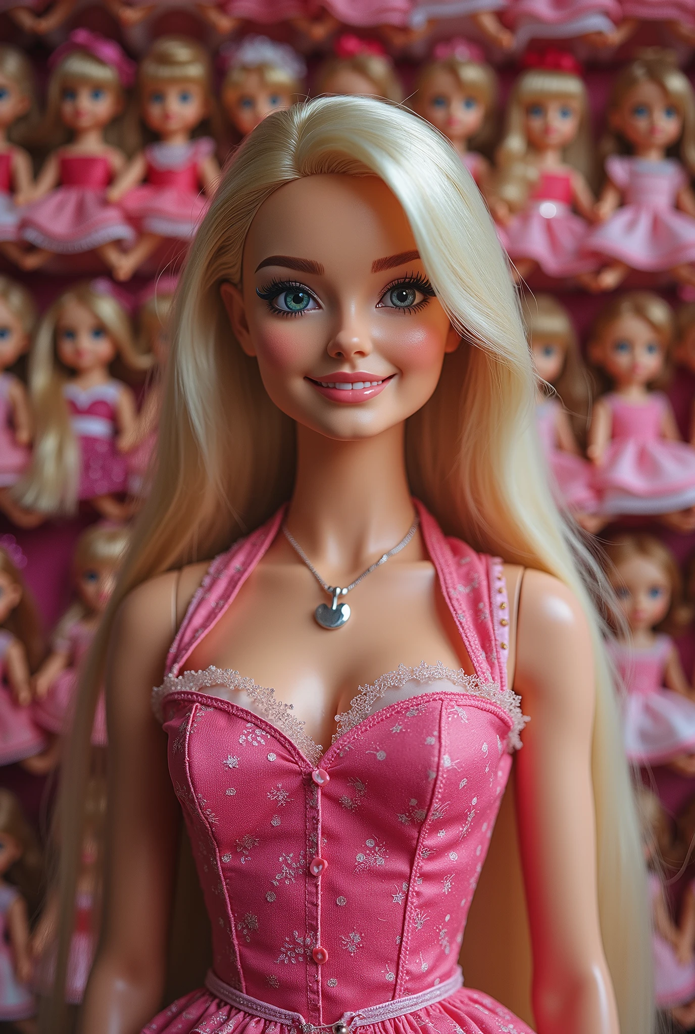 Create a portrait of an oversized, adorable Barbie doll, capturing her charm and personality. The background should be filled with a multitude of small Barbie dolls densely arranged on the walls, creating a whimsical and vibrant atmosphere.