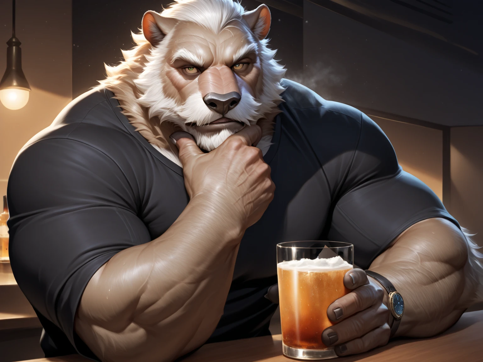 ((trending on E621, trending on Furaffinity digital media, trending on Artstation, trending on twitter , digital painting, digital media, digital paint, digital illustration, (masterpiece))) ((by rOSS tran, by vorusuarts, by takemoto arash, by kuroma, by nullghost, by raccoon21, by bluekumabox ,by Dsharp_K, by rabbity ,by grimfaust ,by wfa, by chunie, by darkgem, by guzreuef , by BlazingIfrit , by oldshep,by Sollyz ,by makidogang , by Magangz)),BREAK((((((anthro, anthrofield, (gray wolfs,wolf pack)))))) | BREAK (((((Manly | handsomeface, (((wildface)))))))) | BREAK ((((((hyper muscles:1.6)))))), (((animated eyes, beautiful eyes, detailed eyes))) | (((white face, gray fur)))) | (((((((( gray hair | dark gray mane | black eyebrow | short hair | black goatee hair)))))) | BREAK (((((thick eyebrows))))) , big pecs, heavy weight, bodybuilder build, wearing black jacket,greatcoat, formal attire, large bulge, vest ,Relaxed sitting on chair, ((((holding a glass of Bramble)))), Sitting with legs open,evil smile expression, bar_background , vibrant color, 4k, realism, cool lighting