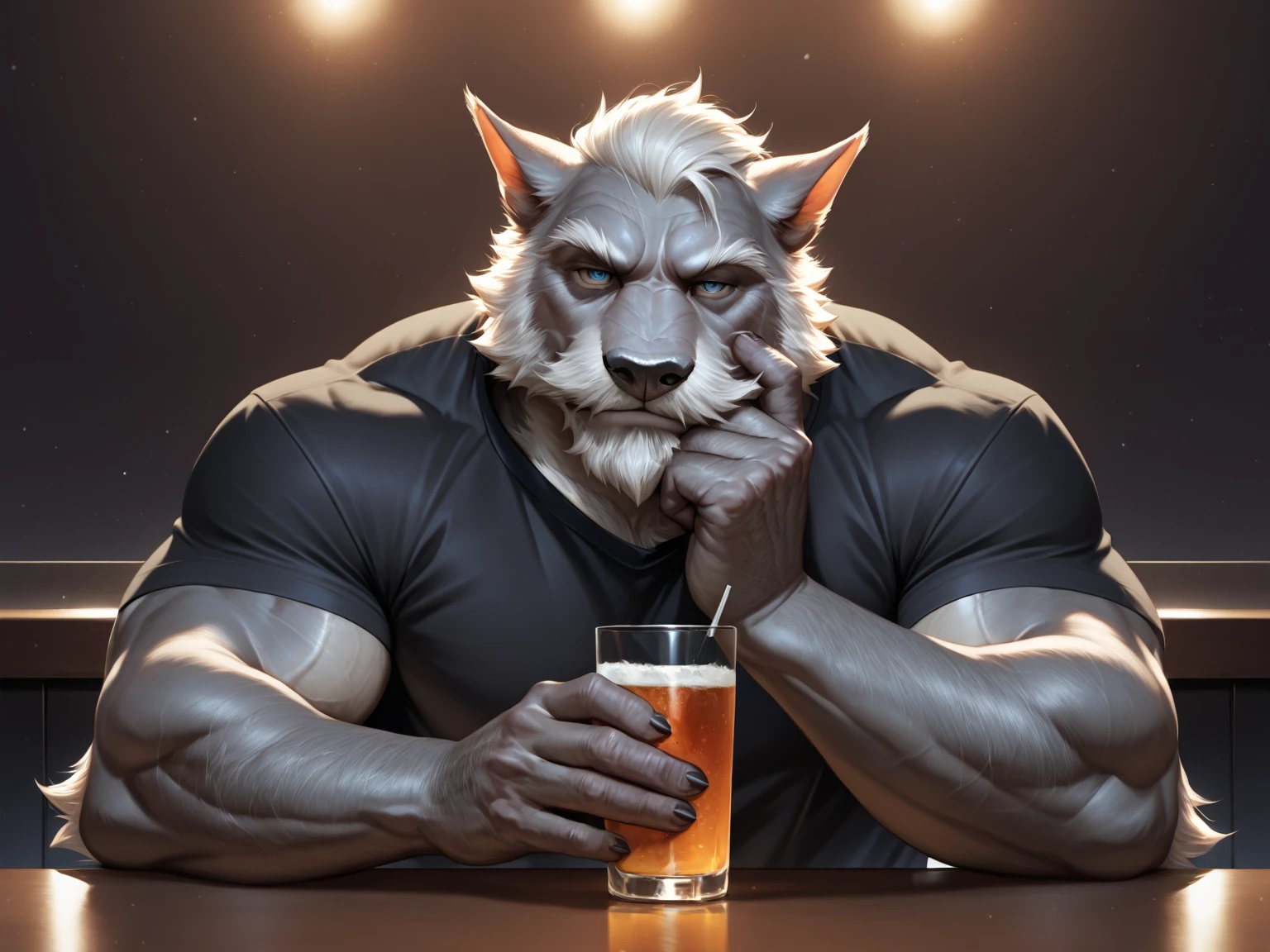 very muscular werewolf, flexing muscles, flexing biceps, biceps up, green eyes, realistic eyes, Grey fur, white chest fur, , biceps, flexing, bodybuilder, detailed fangs, detailed eyes, realistic eyes, in armor, holding beer