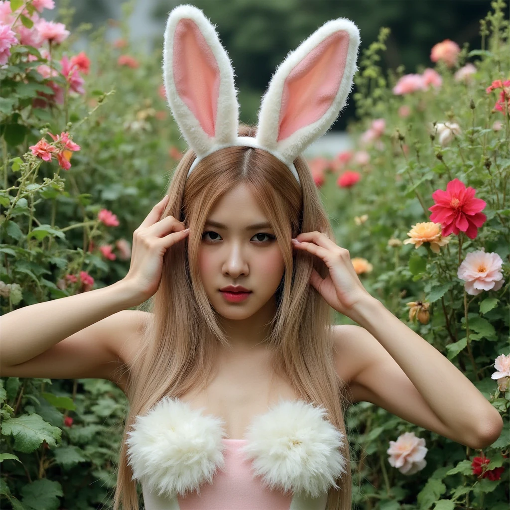 masterpiece, best quality, 1girl, White hair, red eyes, bunny head band, short hair,blush,solo,beauty,girl,photorealistic,(naked),standing,(no panty),slender,sexy pose