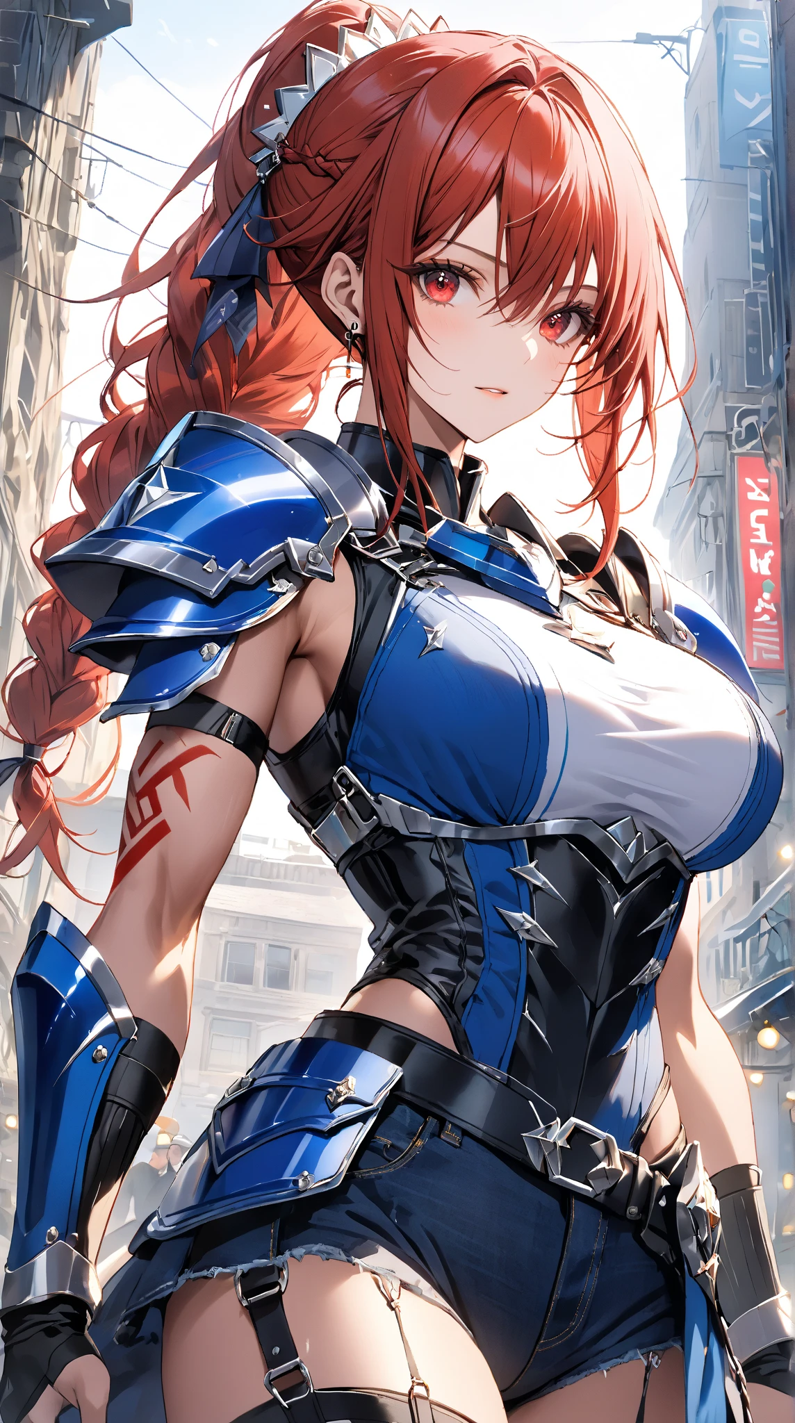 ((Magazine Cover Art:1.45)), pirate hat, tattoo female pirate from the 1800s, pirate outfit:1.3, red hair, Side Chest, (Sleeveless:1.14), people, other pirates, From the side, perfectly detailed hands and fingers, 