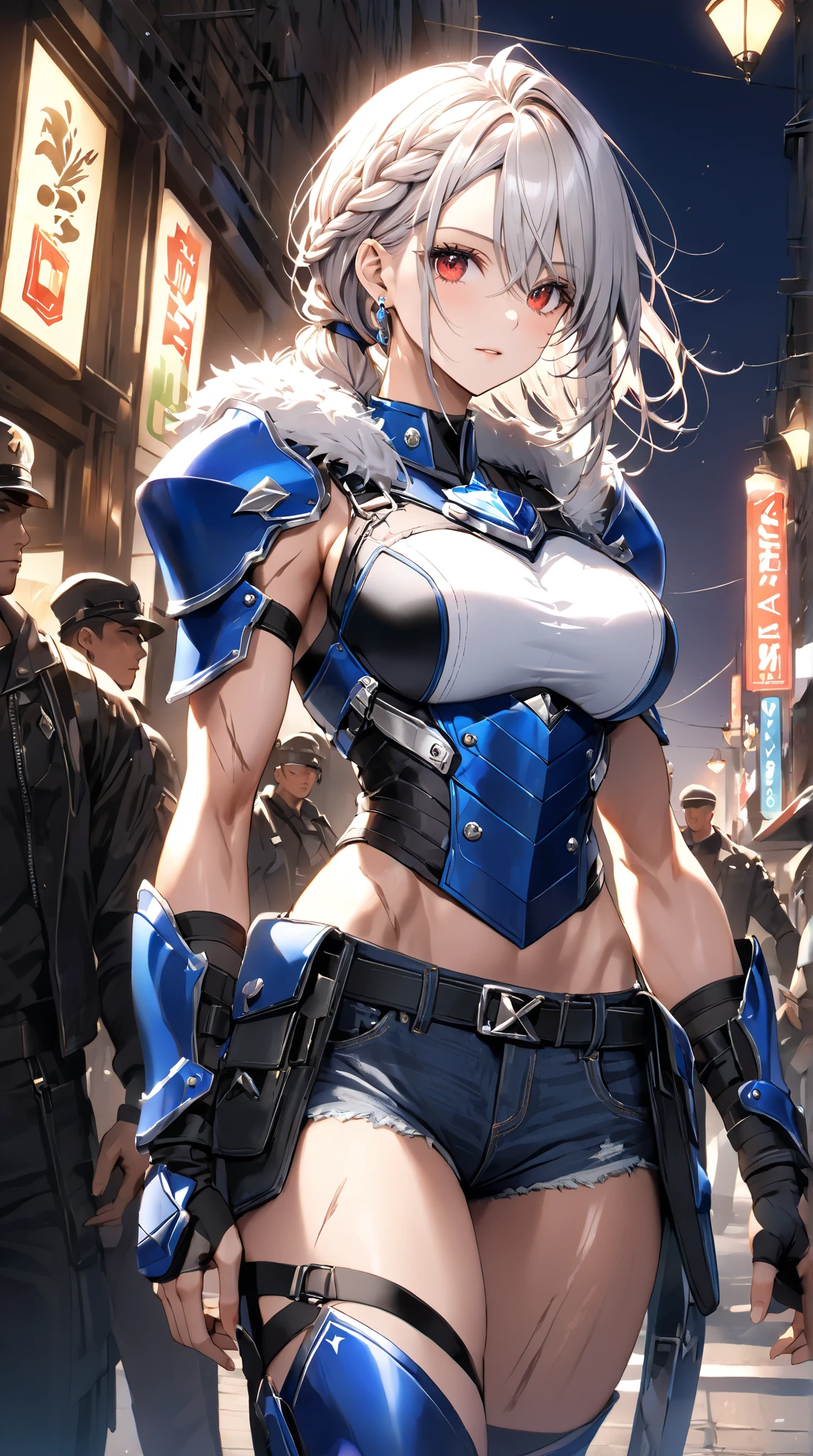 Female knight, leotard armor, long silver hair, blue eyes, smiling, walking in the crowded city, holding a weapon in hand, huge bust