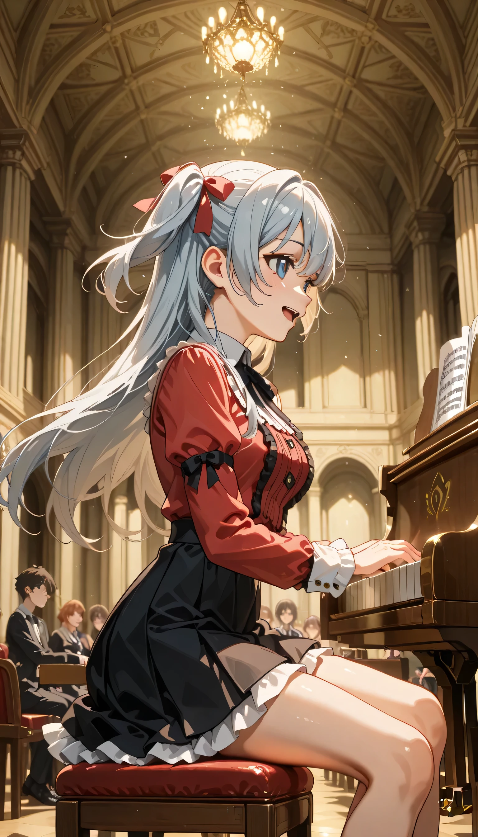 ((ultra-detailed)), (highly detailed CG), (best quality:1.2), ultra-highly detailed, colorful composition, artistic photoshoot, 1girl, solo focus, ((thigh to top:1.4)), ((cowboy shot:1.4)), ((ideal ratio body proportions)), moe anime character, girl, dainty facial structure, (baby face), (round face), ((rounded chin:1.2)), ((ideal ratio body proportions)), celia-default, celia claire, (blue eyes), sparkle eyes, ((silver hair color)), ((two side up)), (hair ribbon with pink), ((hair is swaying in the wind)), ((smile:1.4)), ((happy:1.4)), ((joyful:1.4)), ((blush:1.2)), ((open mouth)), ample breasts, ((pink semi formal dress with gold decorations)), ((play the piano:1.4)), dynamic pose, contrapposto pose, sitting in a chair to play the piano, ((in the classical concert hall:1.4)), ((audience sitting in the audience seats:1.4)), from side, expecting, pink cheek, blush, light pink gloss slip, portrait, depth of field, shining lighting, sidelighting, (shine), lighting, caustics, ray tracing, smile, perfect face, lustrous skin, highly detailed face, highly detailed eyes, perfect face, perfect nose, perfect hair, perfect eyes, perfect anatomy, beautiful hair, beautiful small face, extremely detailed face, beautiful detailed eyes, beautiful clavicle, beautiful body, beautiful ample breasts, leavage, breasts squeezed together, equalize the size of the left and right breasts, beautiful thin thighs, beautiful legs, beautiful fingers, 4 fingers, 1 thumb, lovely, (very detailed background:1.0), (highly detailed background:1.0), intricate details, joyful atmosphere, chromatic aberration