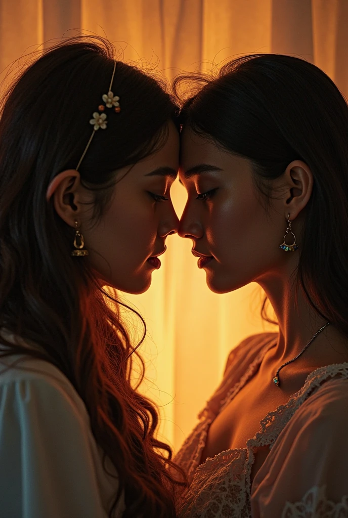 ( masterpiece, top quality, best quality,8k, girl,ultra detailed,raw photo:1.5),(photorealistic:1.4), (cinematic lighting), PerfectNwsjMajic, , Surrealism, UHD, ccurate, Super detail, textured skin, High detail, Best quality, dynamic angle, White skin,[Beautiful blue eyes], high nose,[flat chest:large breasts:0.5],(two girls is deeply in love with each other, kiss),(good anatomy:0.5)), Dreamy atmosphere, Dark,expressive brush strokes, mystical ambiance, Artistic interpretation, Stunning Studio Ghibli style costumes, a whimsical illustration, Subtle colors and tones, mystical aura, jewelry ,sparkling, long airy hair , 