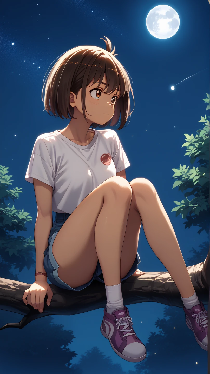 solo, female, teen, teenage, eighteen, young, messy short black hair, tan lines, nude, no clothes, legs spread, sitting on bench, at night, full moon, stars, blushing face, fingering vagina, eyes half closed, in park, masterpiece, high quality,