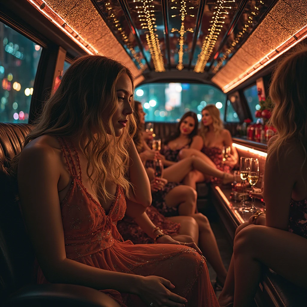 (Masterpiece, Professional lighting, 16k, 8k wallpaper, raw photo, photorealistic:1.8, ultra detailed, natural gentle lighting, detailed skin, detailed face, detailed eyes, textured skins, cinematic composition, detailed background:1.2, midnight:1.5, nighttime, evening:1.1), BIBC, (Girls inside limousine, sitting down, group shot:1.2, evening dress, off Shoulder dress, see-through:0.85, full body, jewelry, earrings, necklace), (young girls, 4girls, extremely beautiful face, beautiful eyes, seductive posing, sexual suggestive, embarrassed:1.1, upturned eyes:1.2, grin:0.95, flustered, cute face, playmates, supermodel), ((glass of champagne, sparkling wines, light up, dinner, inside limo:1.4, limousine, car seat, luxury furniture, luxury car, fur seat, carpet,party night, party)), Asian,