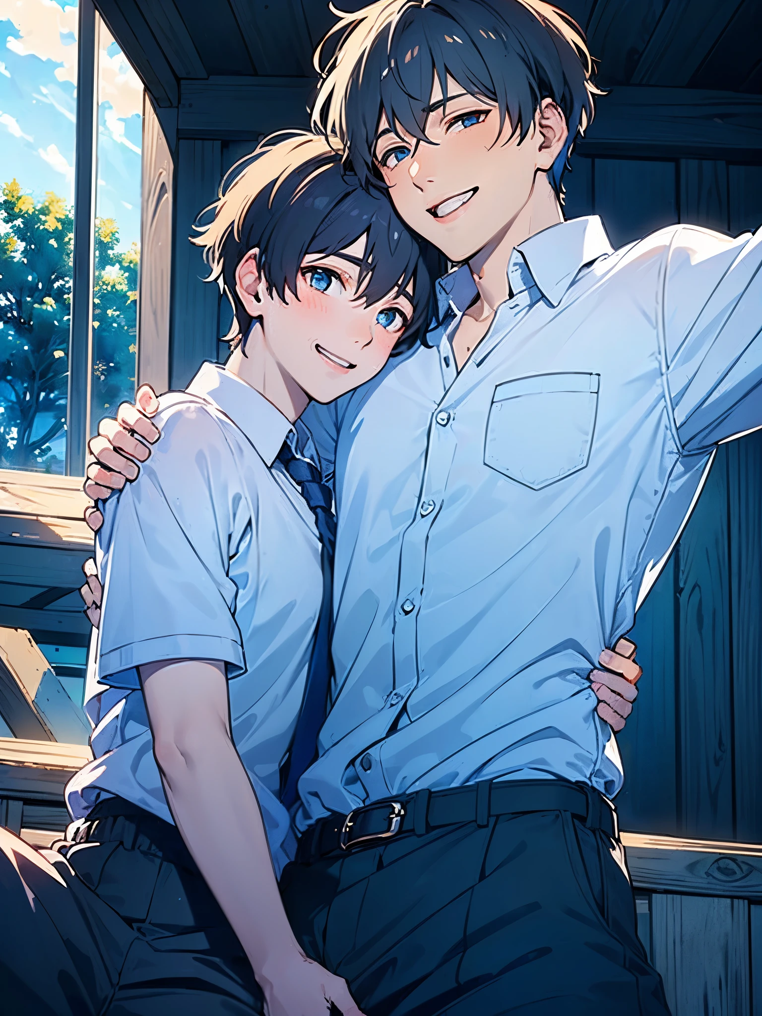 ((boy :1.5)),(( calm adult men:1.0)), black hair, tea hair, blue eyes, red eyes,((NSFW:0.65)),(2 men:1.0),(Yaoi:1.2),((hold each other's shoulders:1.25)),((A calm adult man who grabs his arm and pulls him in :1.0)),(looking viewer:1.0),Grinning face,((approx:1.0),(( flirtatious:0.8)),