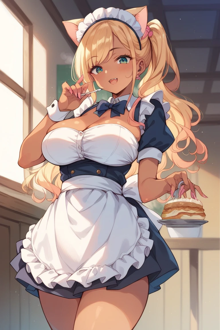 ((best quality)), ((masterpiece)), (intricate details, hyperdetailed:1.15), girl, half body, long blonde hair, blue eyes, sexy smile, (curvy:0.7), large breasts, cleavage, maid headdress, white gloves, black bra, wide hips, black panties, black thighhighs, kitchen