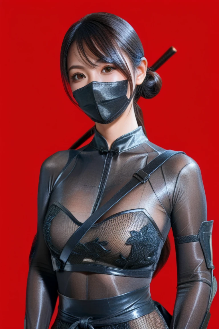 Japan pretty girl, (realisitic, Hi-Res: 1.4), 1 girl, (Natural light), (more face, more hair, More skin), (Middle chest), Big eyes, slender, an legs, mid-waist,(Ponytail hair:1.1), (Evil Pattern Leotard:1.6),(Battle Mask:1.5)