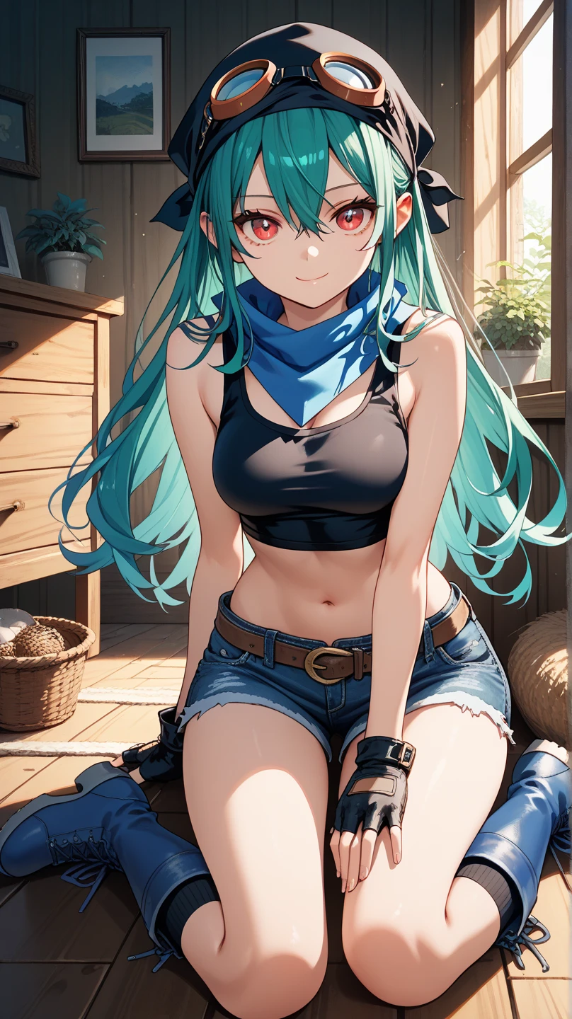 1 girl,young,,blue long hair,A tattered cat ear hat with patches,Brown clothes that are tattered and patched up,Battered girl,mole,Lightless green eyes,,small breasts,grassland,Her nipples are visible through the gaps in her torn clothes,blood return