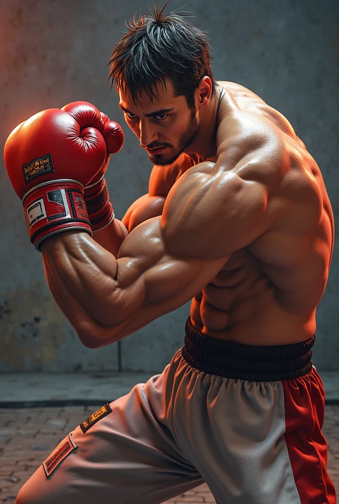 (Best quality,Photorealistic),(dark,feels) Punch at the camera！（Tyndall light effect！）（Cinematic lighting）,3d! One guy,detailed black eyes, Smaller head！Wear boxer shorts in boxing position on the boxing field for boys！red boxing gloves！Punch at the camera！, wearing boxers。dark skin., （（very much like！））, （（Eyes with ferocious expression！））Handsome male, Handsome chad chin, Handsome and attractive, Handsome and elegant, Handsome man, Sexy masculine, masculine and Handsome, , Handsome, Attractive posing, attractive male, Attractive man,40 year old man！Lift your little head，Cominan in boxing shorts and red boxing gloves（closeup portrait！)）showing off his hairy pecs。（Show hairy chest muscles），），(short mustache），Wear boxer shorts！Show hairy chest muscles），)，(use short mustache，）headspace！Charming and serious look，（Handsome man，punching position，poorly dressed，Perfect body anatomy，Beautiful man face detail，perfect foot，perfect hand！Front Shooting！！