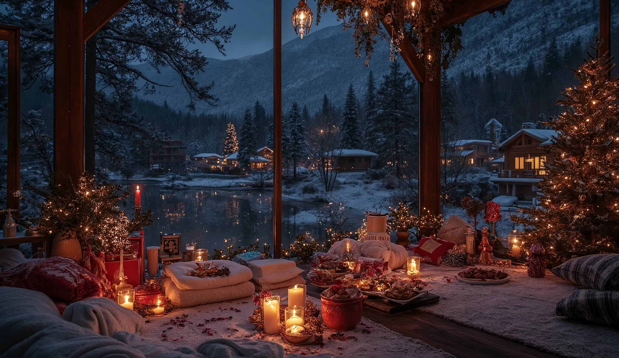 A snapshot A snapshot of a night city scene sparkling with lights decorated in a Christmas theme ,winter at night.In black tones there are many small houses that illuminate the landscape covered with snow and pine trees . teaching the Himalayas at night, The contrast of dark night and low light highlights the calm eastern tones. Phong cách tổng thể gợi lên sự ấm áp và thoải mái làng winter at night.In black tones there are many small houses that illuminate the landscape covered with snow and pine trees . teaching the Himalayas at night, The contrast of dark night and low light highlights the calm eastern tones. The overall style evokes warmth and comfortThe background scene in the kitchen of a Christmas cabin above the nightdark night sky .InThe photo shows a romantic outdoor setting but surrounded by glass on the sides and a ceiling with accumulated snow , set on a wooden deck next to a frozen lake overlooking pine trees and snow-capped mountains . The space is decorated with burning candles, white and red roses , , a low table covered with white towels, and a variety of food and drink. . There are also soft pillows and a soft blanket on the floor, create cozy spaces . The background shows a frozen lake at night under the light of the lamp with mountains and houses lit in the distance.. The general atmosphere is very serene and intimate, ideal for a romantic picnic or a special occasion, There are balloons and party balloons in the room with the words “two happy months” and also some frames of photos of the Christmas Eve couple. A living room master in a wooden house made two glass rectangles .with a large fireplace and Christmas tree decorated with lights .looking outside the snow-white in the mountain forest.in the distance, several small houses lit with Christmas lights in the forest