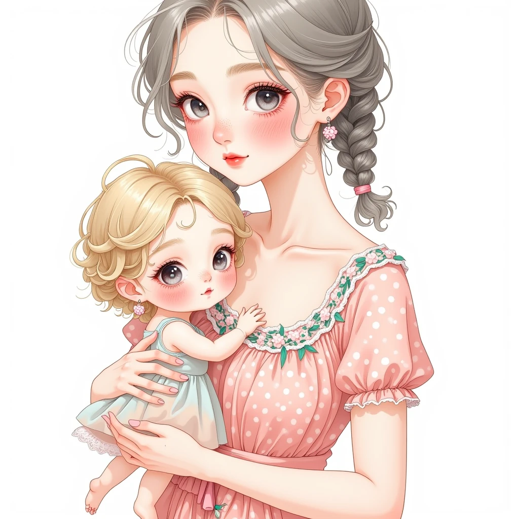 ( watercolor \(half\), , Nice roses,woman holding full month baby