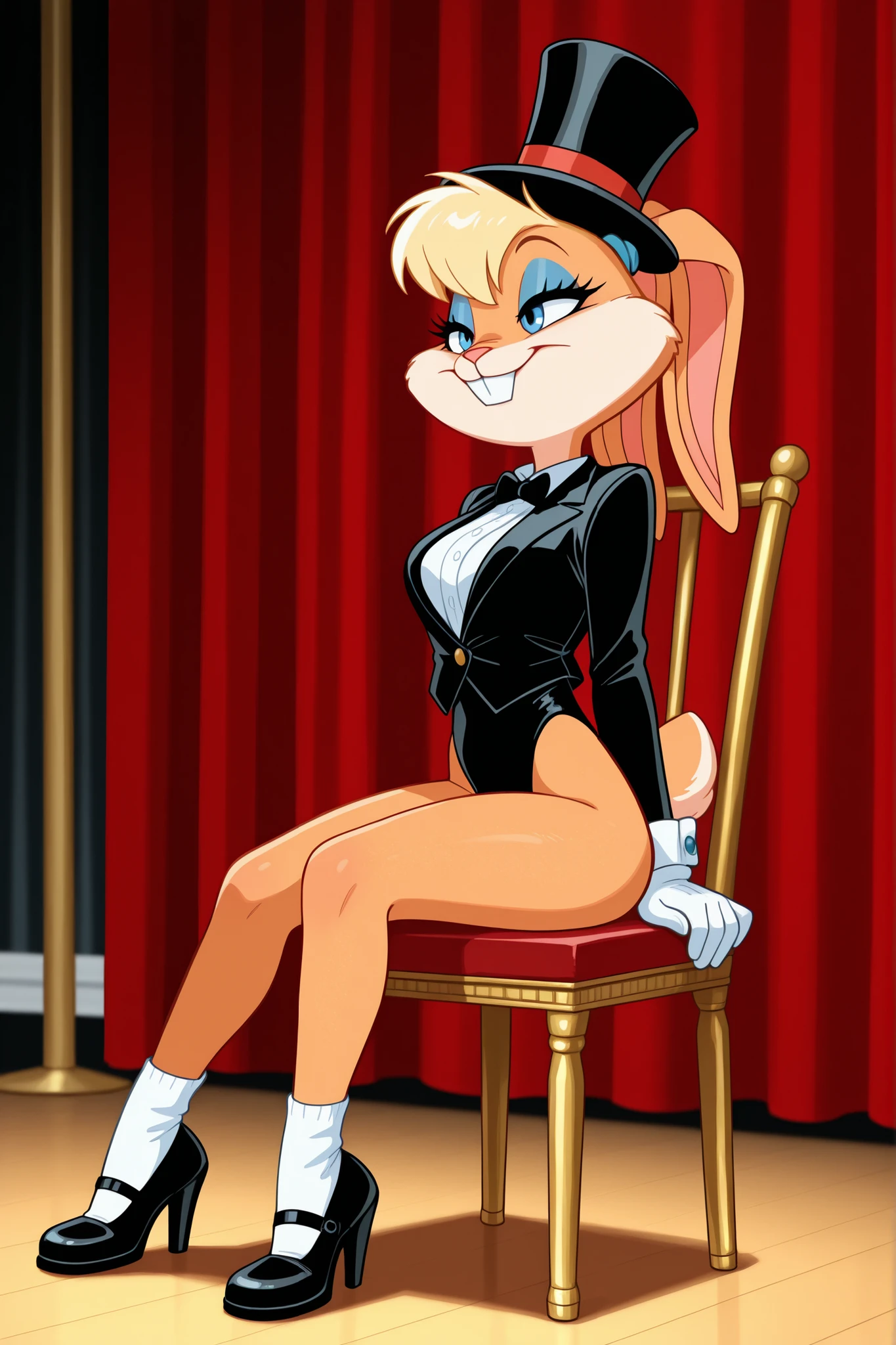 a 2D animation of a mature, sexy, (((girl))) bending over showing her ass, (((Disney, WB, Loony Toons, Cartoon Network, cartoony, toon, 2D animation, 2D,[[3D,shading]]))),((((animal nose)))), ((blushing)), ((((animalistic)))),  ((detailed vagina)), ((very long hair, colorful hair, elaborate hair, hair ornaments)), beautiful eyes, wide eyes, (large eyes), (((solo))), (colored stockings), ((((2 legs,2 arms,1 tail)))), ((toned legs)), (tail), ((feminine face)), (huge tits)