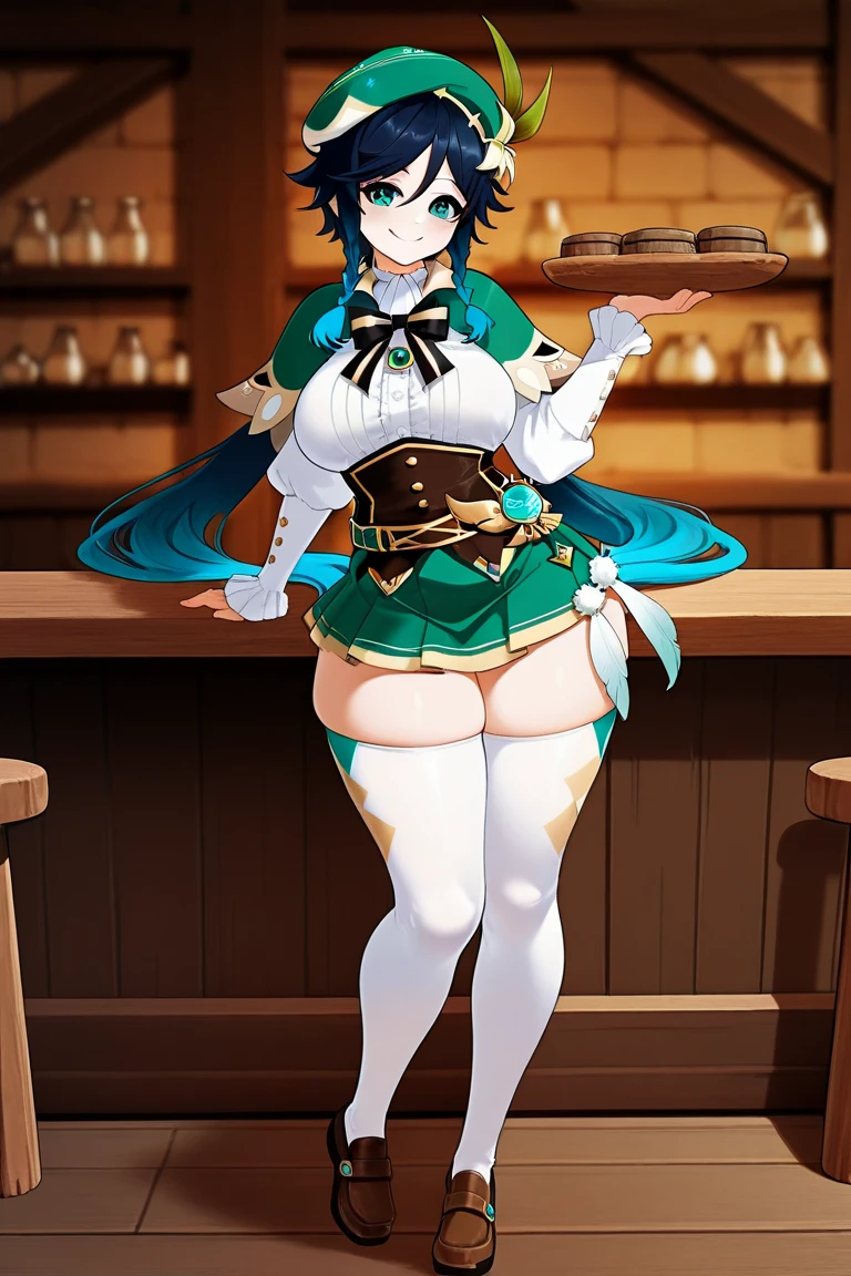 Masterpiece, Best Quality, Obese Ventidef, beret, obese body, hat flower, white shirt, big fat butt, cute, bow, long sleeves, frilled sleeves, corset, cape, green shorts, white pantyhose, Jewelry, brooch, bar, Blushing, lean, backboob, behind, Shows ass