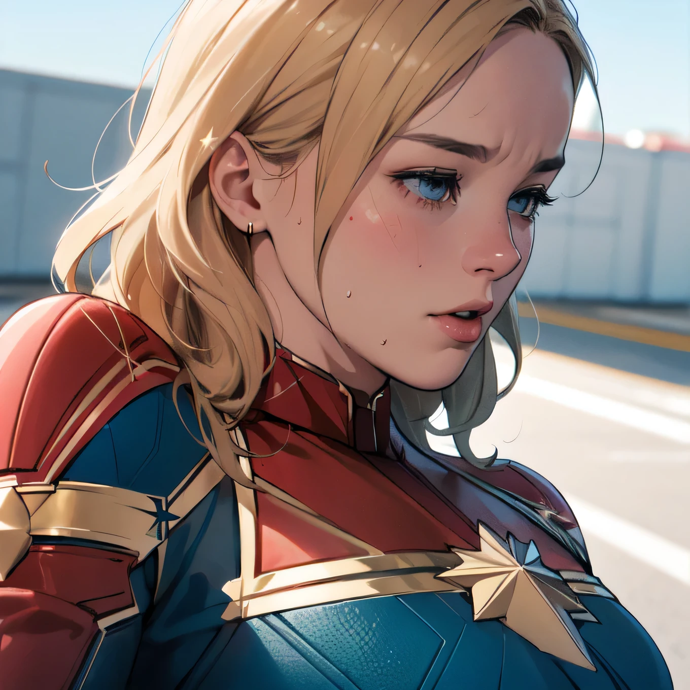 (masterpiece:1.3), (8k, realistic, RAW photo, best quality: 1.4), absurd, charm, ultra high definition , super real, very well detailed, golden ratio, (realistic), (best shadow), Low Contrast, (complicated:1.4), Side Lighting, 8k, beautiful face, (realistic Face), Beautiful Hairstyle, realistic eyes, beautiful details, (realistic Skin), beautiful skin, (one girl), ((Brie Larson, Captain Marvel)), (()), (placed in front of her), (long blonde hair:1.3), (half closed eyes), (moist eyes), (half-open mouth above the chin), (surprised expression:1.1), (flashing), (sweat), NSFW (is staring at the penis), (kissing penis:1.2), BREAK ((1. Juvenile, 1realistic penis:1.2)), BREAK side view, BREAK heart symbol, heart symbol, heart symbol, ((upper body, cowboy shot))