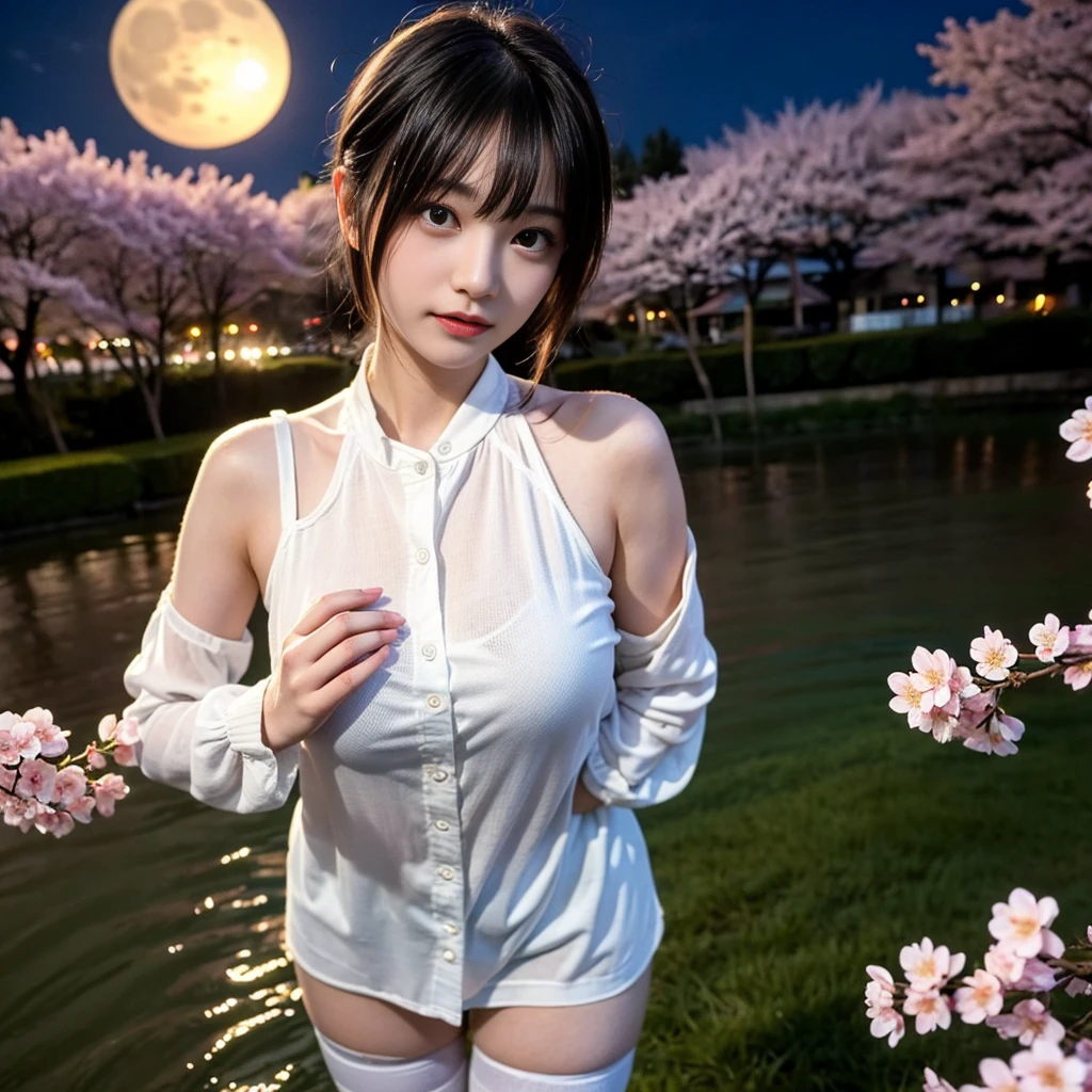 (RAW Photos:1.2), (Realistic), Beautiful detailed girl, Very detailedな目と顔, Narrow and beautiful eyes, Large file size, High resolution, Very detailed, highest quality, [Tabletop:1.6], shape, Very detailed, Finer details, highest quality, 8k wallpaper, Cinema Lighting, 20 year old Japanese woman, Night Skyの下, Moonlit Avenue Time, Night walk,  Fleeting Expression, In underwear,  White underwear is visible, White bra visible, White panties are visible, long hair, Slender body,  Small breasts, Exposed underwear,  Night Sky, Woman looking up at the moon