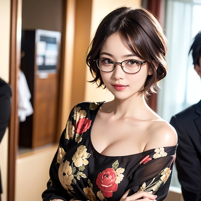超Practical,Reality,Practical,30 years old Korean adult,Solitary, woman, Bronze skin, curls, (((short hair))), Light mahogany hair, Lipstick, Eyeliner, eyelash, thick eyelash, Huge Breasts, Linen coat, (Navy Cape), Glasses, Fantasy Village, mature woman