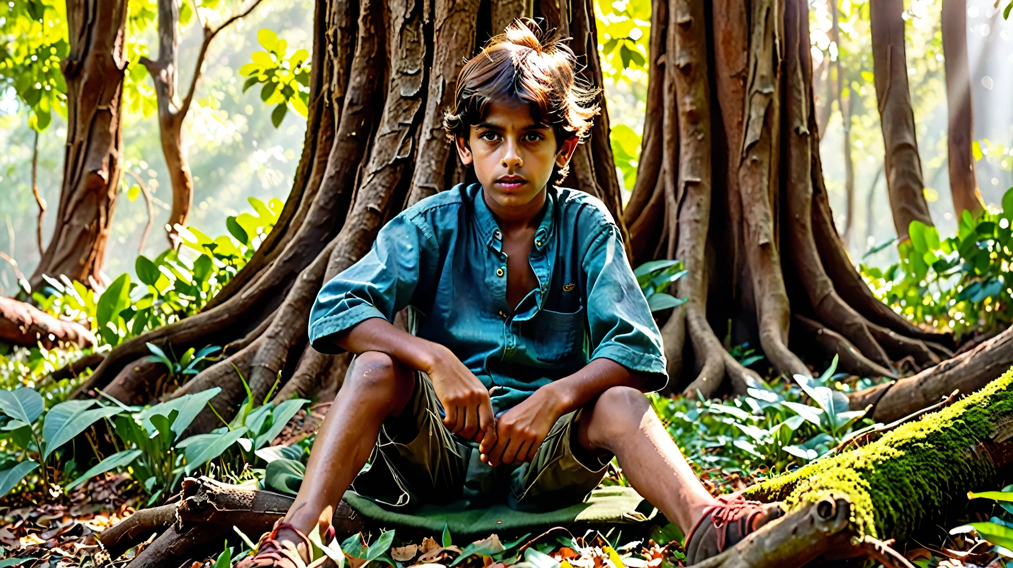 A poignant, dynamic photograph of a indian boy with a slender build and messy brown hair, sitting with his back against the rugged bark of a ancient tree, his legs bent and feet splayed outward, conveying a sense of despair and hopelessness, tears streaming down his pale, freckled face, his bright blue eyes red and puffy from crying, his lips trembling, his small hands clenched into fists resting on his lap, amidst a backdrop of vibrant green foliage, with dappled sunlight filtering through the leaves, casting intricate shadows on the forest floor, captured in stunning, realistic cinematic style, with exceptional attention to detail, in 4K ultra HD quality, evoking a strong emotional response from the viewer.