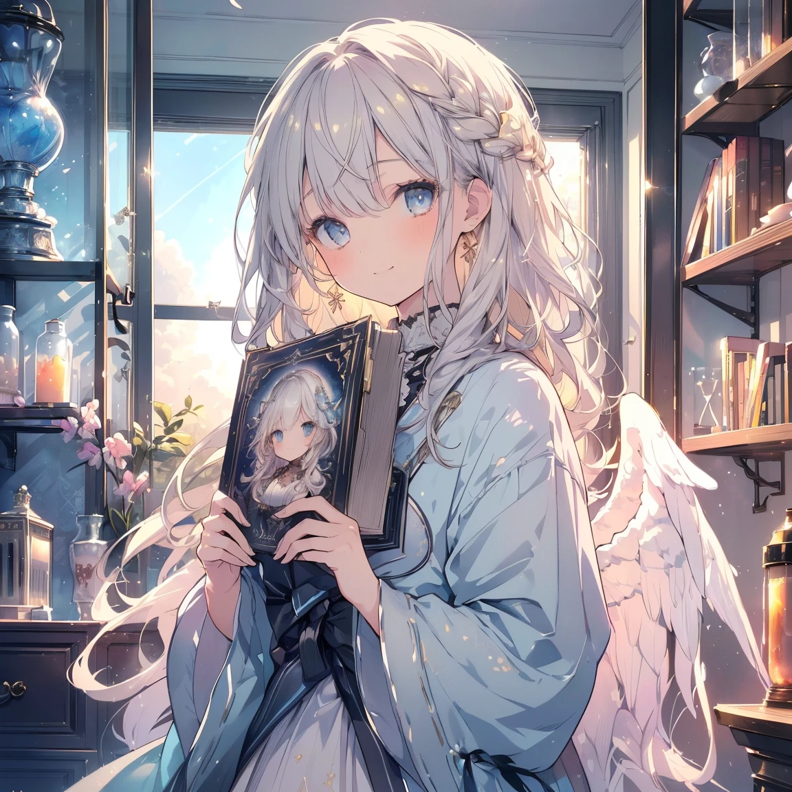 score_9, score_8_up, score_7_up, 1girl, solo, elaina, <lora:ElainaV002-7:0.9>, book, no shoes, white pantyhose, book stack, window, box, looking at viewer, sky, indoors, gift, halo, night, star \(sky\), sitting, white gloves, knees up, starry sky, white dress, curtains, angel wings, full body, night sky, envelope, feet, sleeveless dress, from side