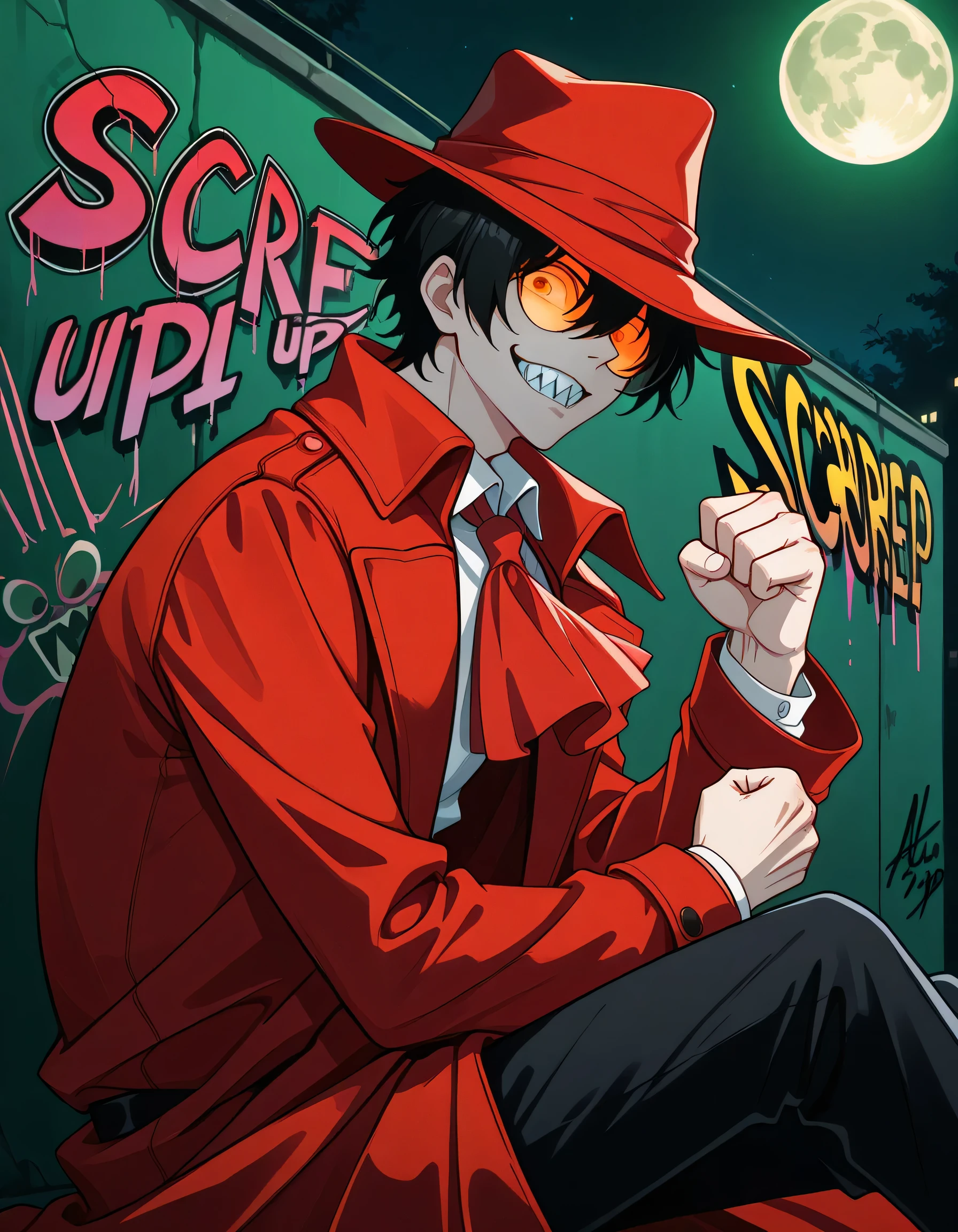 score_9, score_8_up, score_7_up, source_anime, (sideview++),looking at viewer,1Boy,sitting, clenched fist, green, sharp teeth, tooth, Covered my eyes, aluHS, red hat, black hair, Orange-tinted Glasses, Red trench coat, Red Ascot, collared shirt, Clear Ear Covers, night , full moon,Violence, graffiti, speed action,