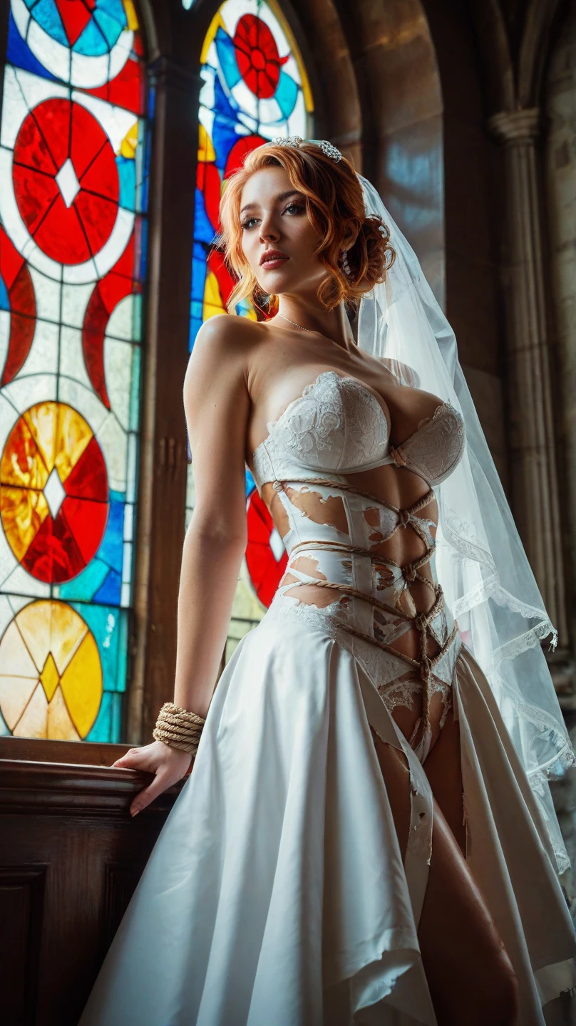 the steampunk woman, copper and brass, the buxom maiden with the transparent see through elven splitoff white silk dress, stained glass windows, ultra high pixel detail, cinematic, intricate, cinematic light, concept art, art station, realistic, movie scene, cinematic, high quality, floating, flying, hovering in the air, magical atmosphere, (good anatomy), (good proportions), (good composition), (dramapaint), (style-sylvamagic) 1 woman, Captivating, Professional Studio Lighting, Expertly lit, The scene is filled with a sense of tranquility, magic, and natural beauty, transporting the viewer to a world of fantasy and wonder (best quality, high resolution), (golden earrings and a large pearl necklace), (Big Boobs)