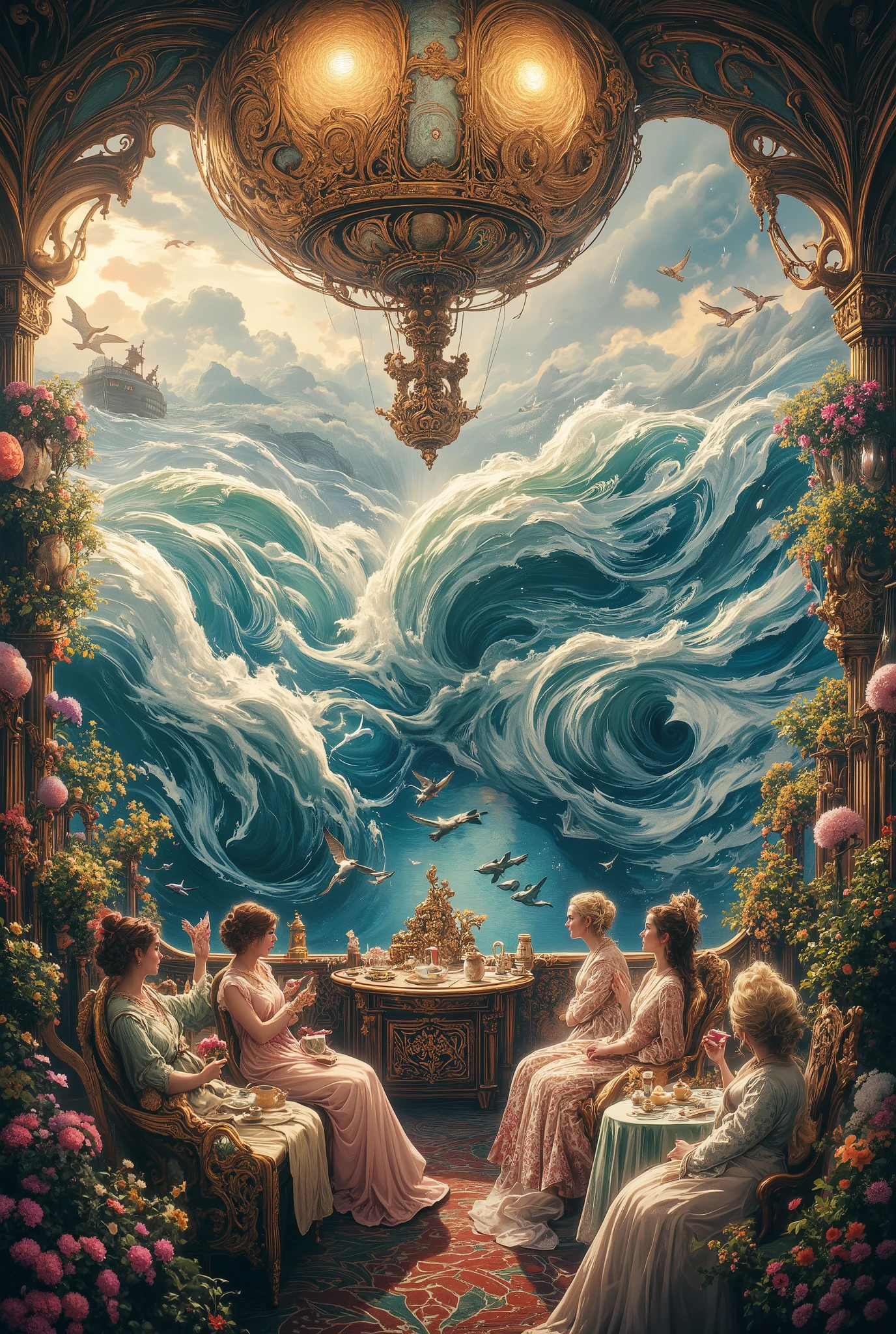 An ornate ghost frigate where Victorian ladies in pastel dresses drink tea surrounded by potted flowers and soaring copper dragonflies, while below there is a view of a vast endless ocean filled with stormy wave crests, seagulls, boats, dolphins and whales stretching to the horizon, glowing balloons creating rhythmic shadows, bright beautiful sky with illuminated clouds, bright storybook style.,