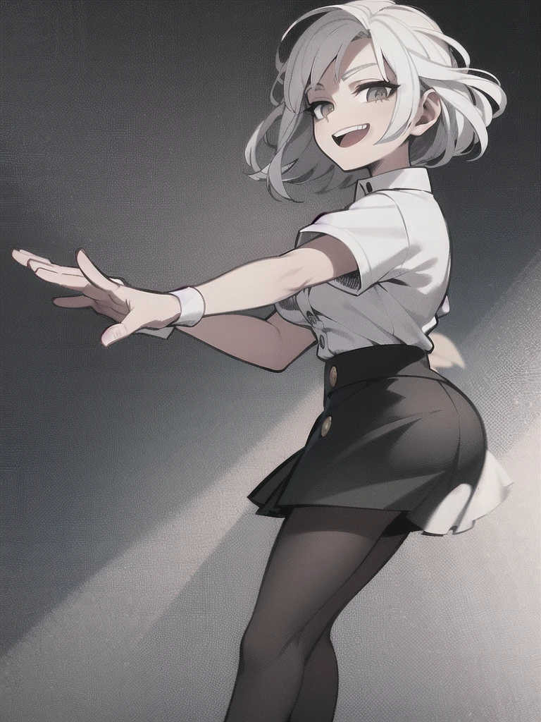 ((masterpiece, best quality)), (1girl), (solo), (female focus), (ahoge, white hair, short hair), black eyes, light smile, open mouth, ((white shirt), (buttoned shirt), (button gap)), ((black skirt), (short skirt)), standing, white background, arms behind back, dynamic angle