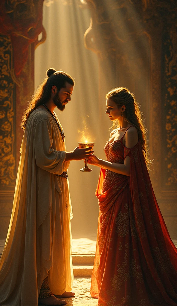 Masterpiece, Best Quality, (Very Detailed CG Unity 8k Wallpaper), (Best Quality), (Best Illustration), (Best Shadows), Absurd, Realistic Lighting, (Abyss), Beautiful Detailed Glow, Peter Mohr Beighter's art, masterpiece, best quality, (very detailed CG unified 8k wallpaper), (best quality), (best illustration), (best shadow), ultra-detailed, "They are an ancient couple, | The boy is tall, broad shoulders and strong arms, his face is well-defined, handsome, and his eyes are deep and clear. He wore a wide robe with exquisite embroidery on it, a pair of loose pants underneath, and a pair of leather boots under his feet, and the whole person looked calm and restrained. | The girl has a graceful figure, smart and beautiful, and her big eyes and long black hair make her look extremely charming. She wore a bright red robe with exquisite embroidery and gold thread, the hem of the dress fluttered in the wind, and a pair of red embroidered shoes at the corner of the skirt made her look beautiful and cute. They came to a lotus pond, and the lotus flowers glowed faintly golden in the moonlight, which was very beautiful. "Digital Art, trending artstation, 4K, high detail, cinematic lighting, intricate, high detail, sharp-focused, dramatic, realistic --auto --s2