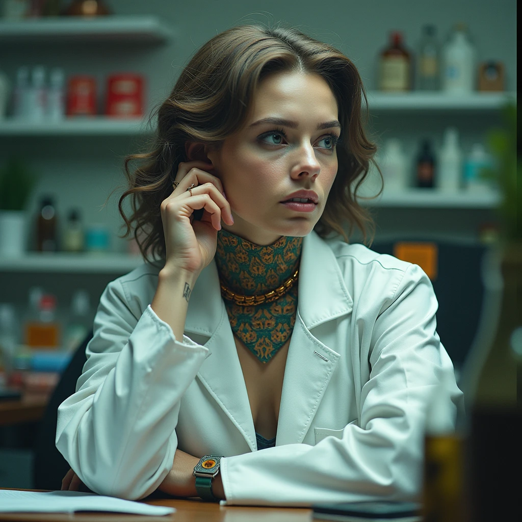 Realistic photography of a stunning modern woman pretty beautiful gorgeous blonde hair 30 yo Monica Bellucci wearing v neck red blouse as Research Scientist sitting on her working desk full of chemical thing inside biochemical research lab of pharmaceuticals and genetic engineering, curvaceous, wearing earrings necklace and bracelets,hourglass body,by Ana Dias, Hajime Sorayama and Helmut Newton.