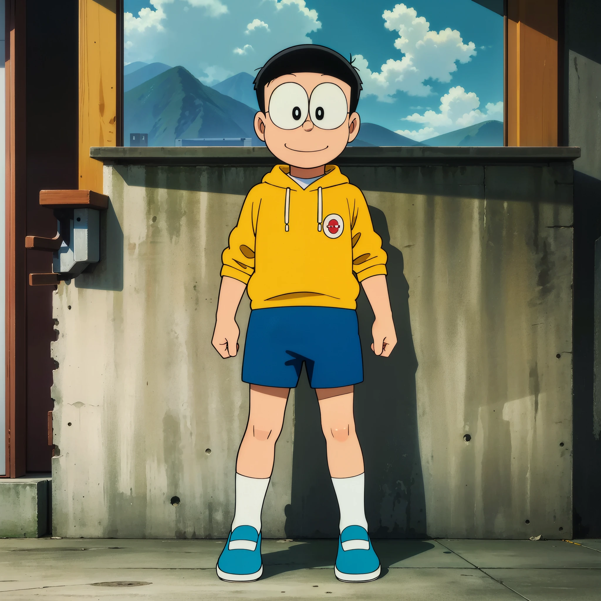 (highest quality, masterpiece, Raw photo,Super detailed:1.2), 1 boy,alone,looking at the viewer,smile ,wears big glasses、Plain yellow sweatshirt、Blue shorts、looking here

