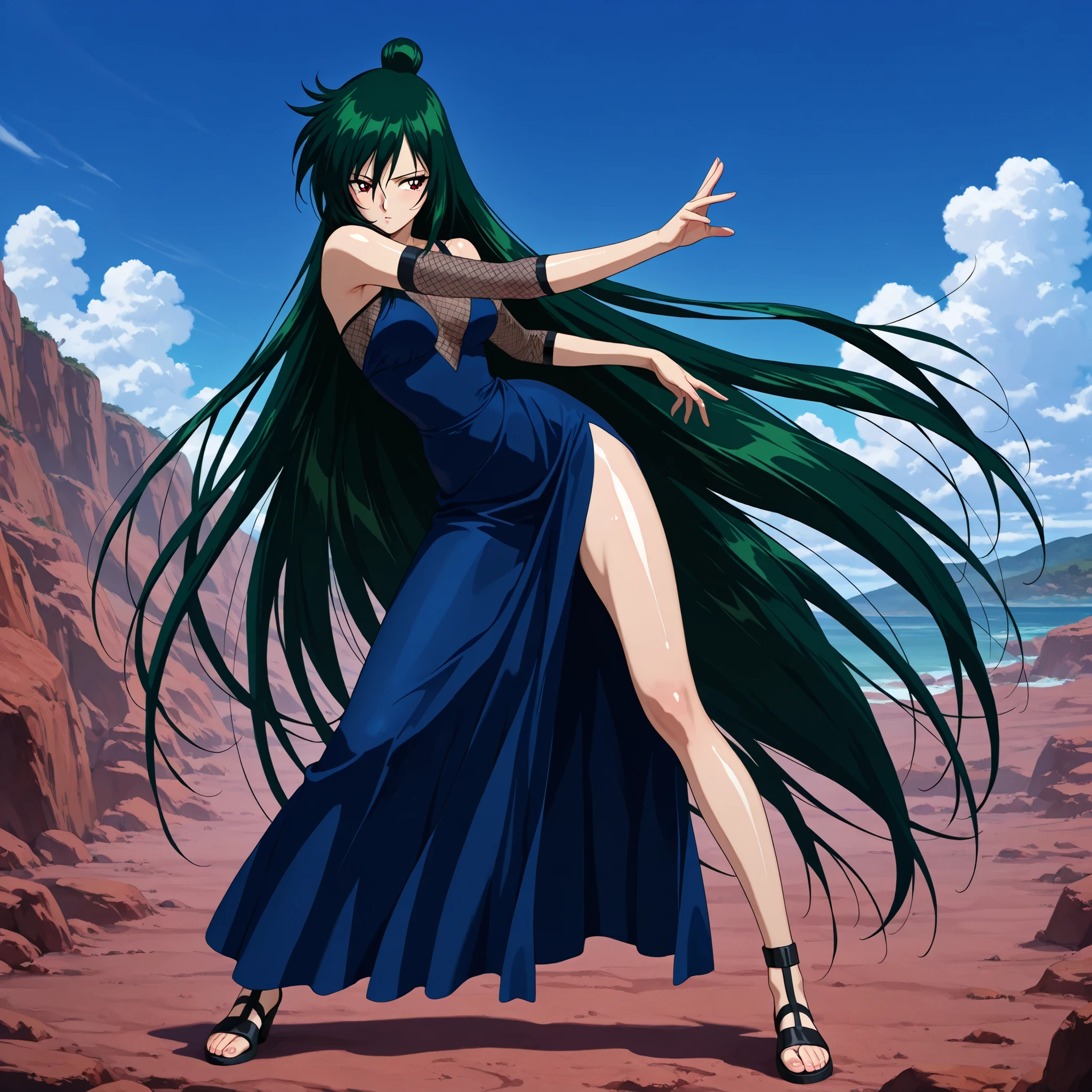 masterpiece, amazing quality, best quality, ultra-detailed, 8K, illustration, clear skin, ultra-detailed-eyes, soft skin, very awa, very as2, shiny skin, shiny hair, soft body, 90's style, official art, setsuna meiou, long hair, red eyes, very long hair, green hair, hair bun, single hair bun, dress, bare shoulders, blue dress, sandals, fishnets,, full body, contrapposto, blue sky, cloud, hidden village, looking at side, attack pose, dynamic pose, solo