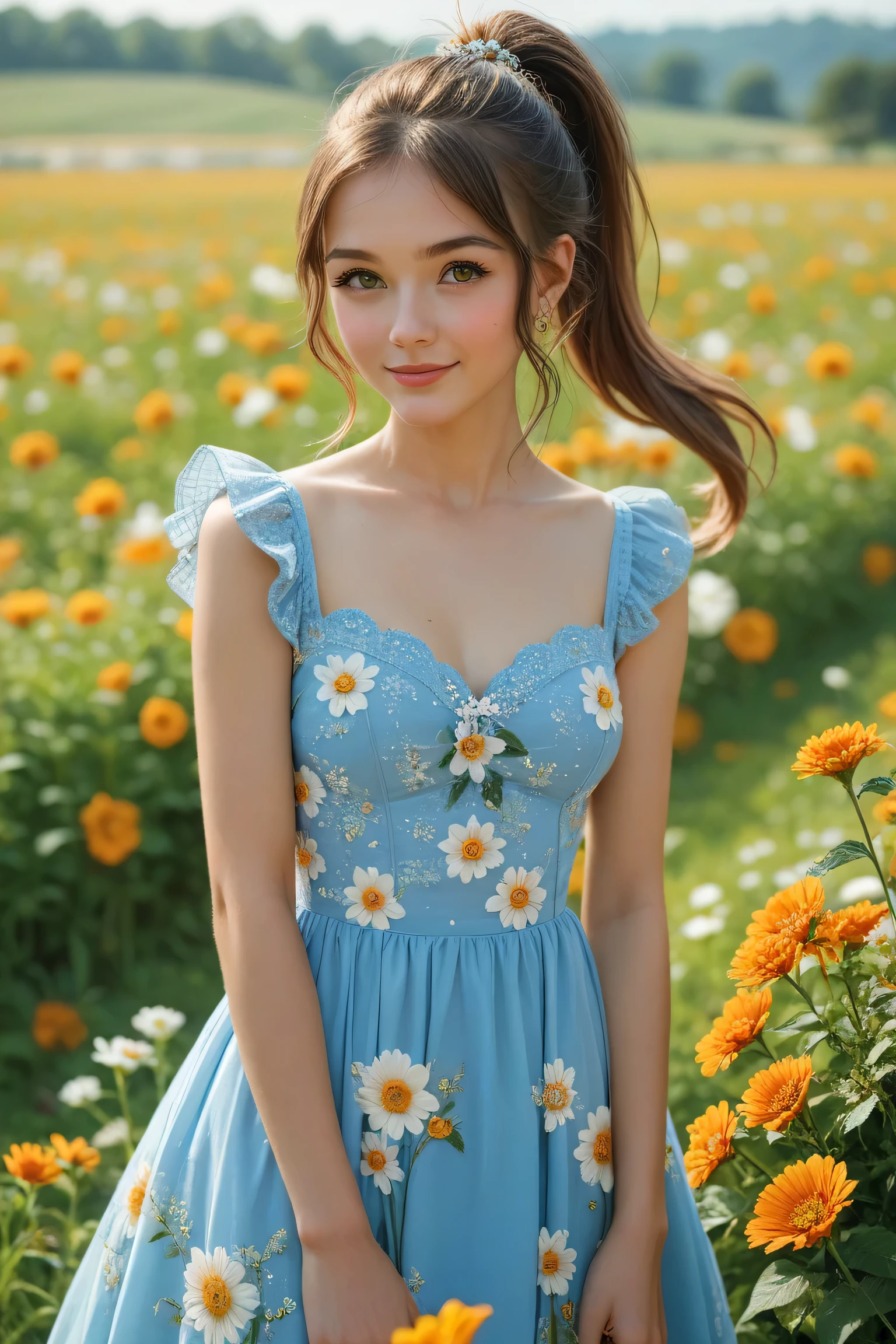 20 years beautiful Girl, korean Girl, 64K, (masterpiece: 1.4), ((Elegant Light Blue Lace Up A-line Tulle Homecoming Dress)), nature background, beautiful smile, (smile: 1.2), detailed background, detailed dress, ultra HD image quality, ((standing in middle of sun flower plants fields)), Running water pump, Many sun flower plants, many flowers, every where sun flower plants, sunflowers bunch in hand, CG unity 8k wallpaper, perfect figure, Young Girl, Beautiful Nature, High resolution Dress Quality, high resolution Face, Hd, Ultra HD, ((Realistic:1.2)), Ultra Realistic, Young Round breasts, Tempting Figure, Very Soft skin, Very Cute face, worlds most beautiful girl, Detailed Dress, Detailed face, Detailed body, Detailed hair, Detailed Background, Award-winning Photography, ((Ray Tracing: 1.2)), Morning wether, birds flying , cool morning, eyes was too sharp and romantic looks to camera , ((bright skin)), ((high enhanced skin))