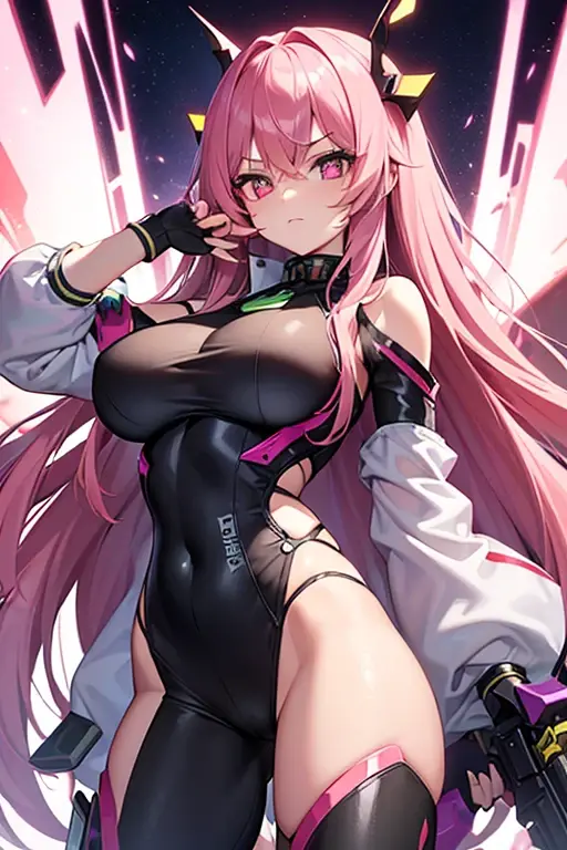 ((masterpiece))) whole body, whole body Shot (One Girl) ((Pink Hair, Long Hair, Straight hair, Both sides up))), ((Green Eyes))), eye shadow, eyeliner, Glow Eye, Hyper Detail Eye, Complex eyes, Beautiful Eyes, Fine grain, (((Star-shaped pupils, Shining pink eyes))) 18-year-old girl. (Wearing a transparent PVC jacket)) huge cool weapon mechanical in hand, huge cool weapon mechanical, Mecha, Mechaanism, mechanical, Open Stance, Coalesce