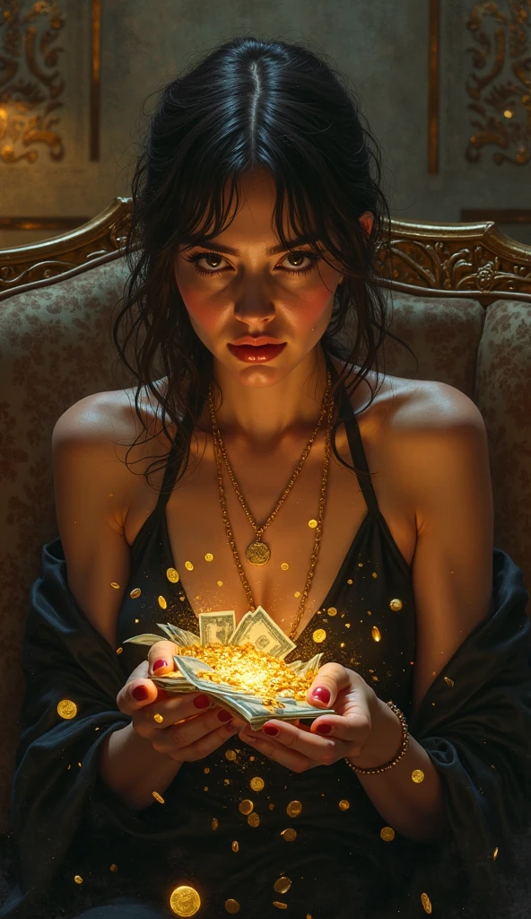 3D cartoon of an extremely angry business girl sitting at his desk, with bitcoin and ethereum symbols flying around him and fire flames in the background. A huge pile of coins lays beside the character, with the bitcoin logo written underneath and the text "_ultra low" written above, in the style of an angry businessman.