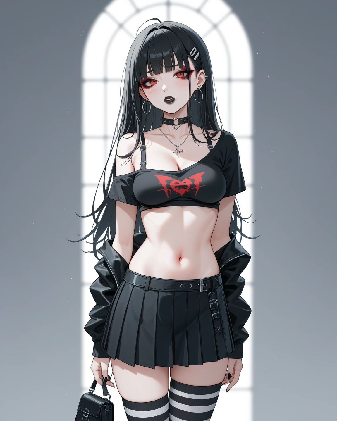 masterpiece, best quality, 1girl, long hair, black hair, straight bangs, grey eyes, exposed arms and shoulders, black shirt, (print on shirt:1.2), (black metal print shirt:1.4), (underboob:1.2), navel, midriff, thighhighs, garter straps, (grey plaid pleated tartan skirt), smile